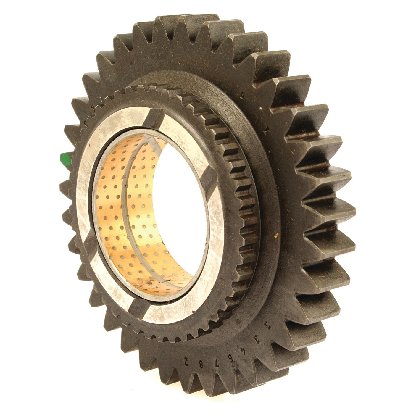 A close-up of the Sparex Transmission Gear - 12 Speed (Sparex Part No. S.107317) with angled teeth and a hollow center, reminiscent of classic Massey Ferguson tractor parts, against a white background.