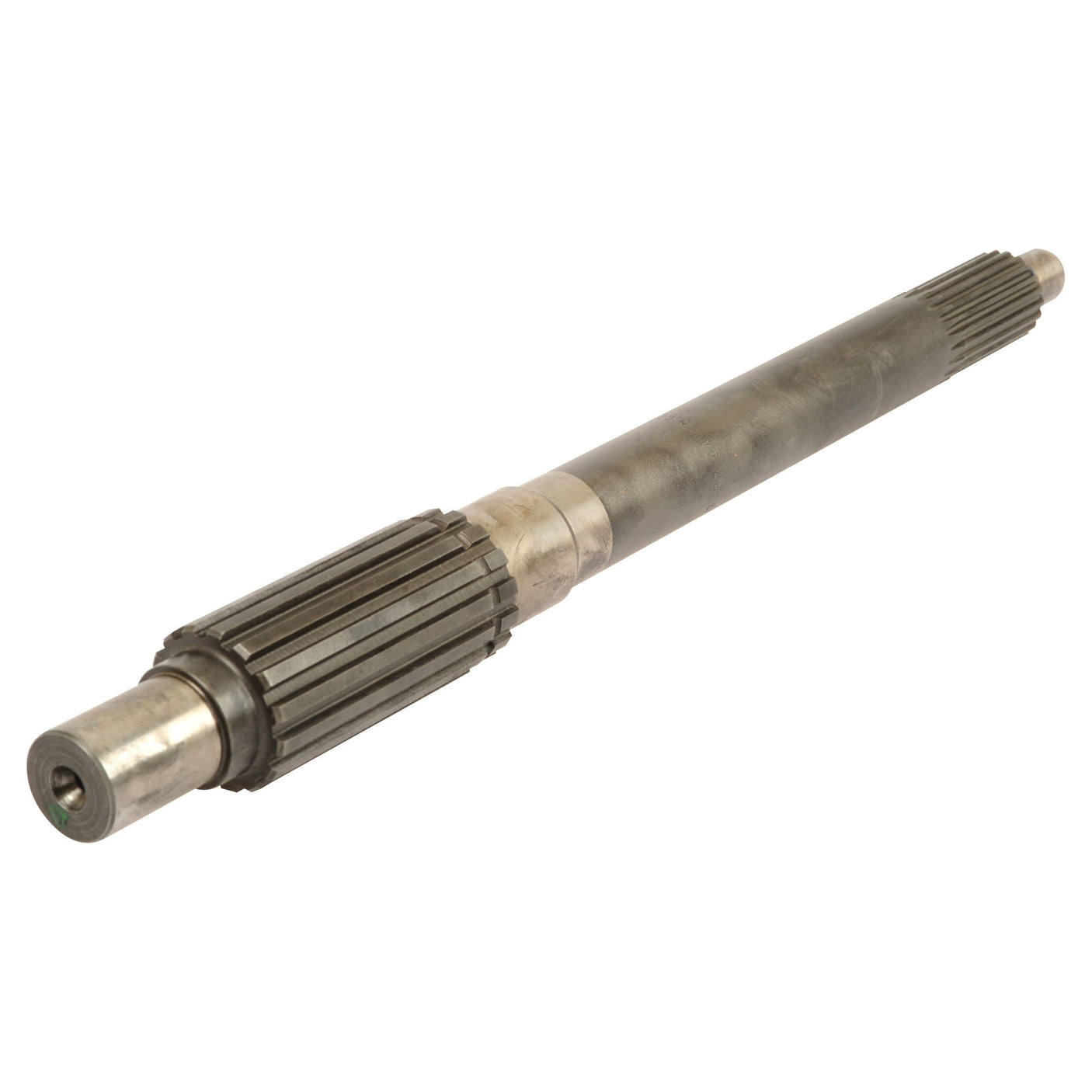 The Sparex Main Shaft (Sparex Part No. S.107323) is a metal spline shaft featuring grooved sections and a cylindrical body, commonly utilized in Massey Ferguson mechanical applications for transmitting torque and rotation.