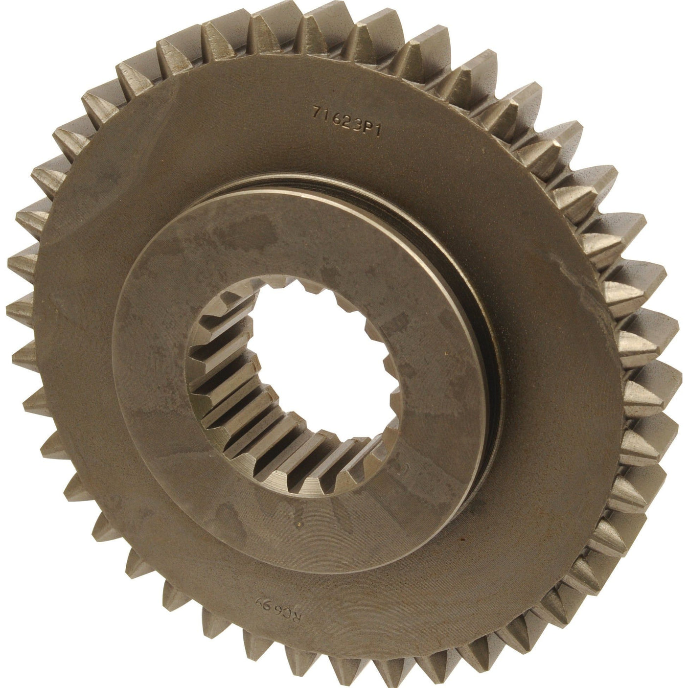 Close-up of the Transmission Gear - 8 Speed (Sparex Part No.S.107332) with multiple teeth, featuring a central hole with a toothed inner ring. The gear has numbers inscribed on it and is compatible with Massey Ferguson tractor parts, reflecting the high quality Sparex is known for.