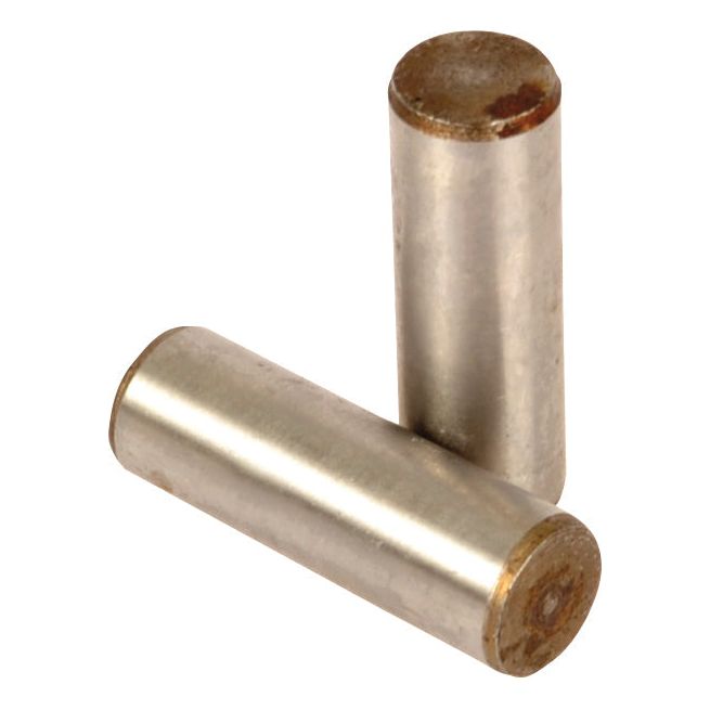 Two cylindrical metal rods, one laying horizontally and the other standing vertically, both showing signs of wear at the ends, reminiscent of a worn Pin from Sparex machinery, specifically part number S.107335.