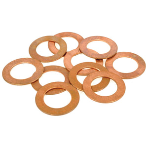 A collection of flat, round copper washers with central holes, perfect for Massey Ferguson machinery, on a white background. These are listed as Washer (8 Spd) | Sparex Part No. S.107336 from the Sparex brand.