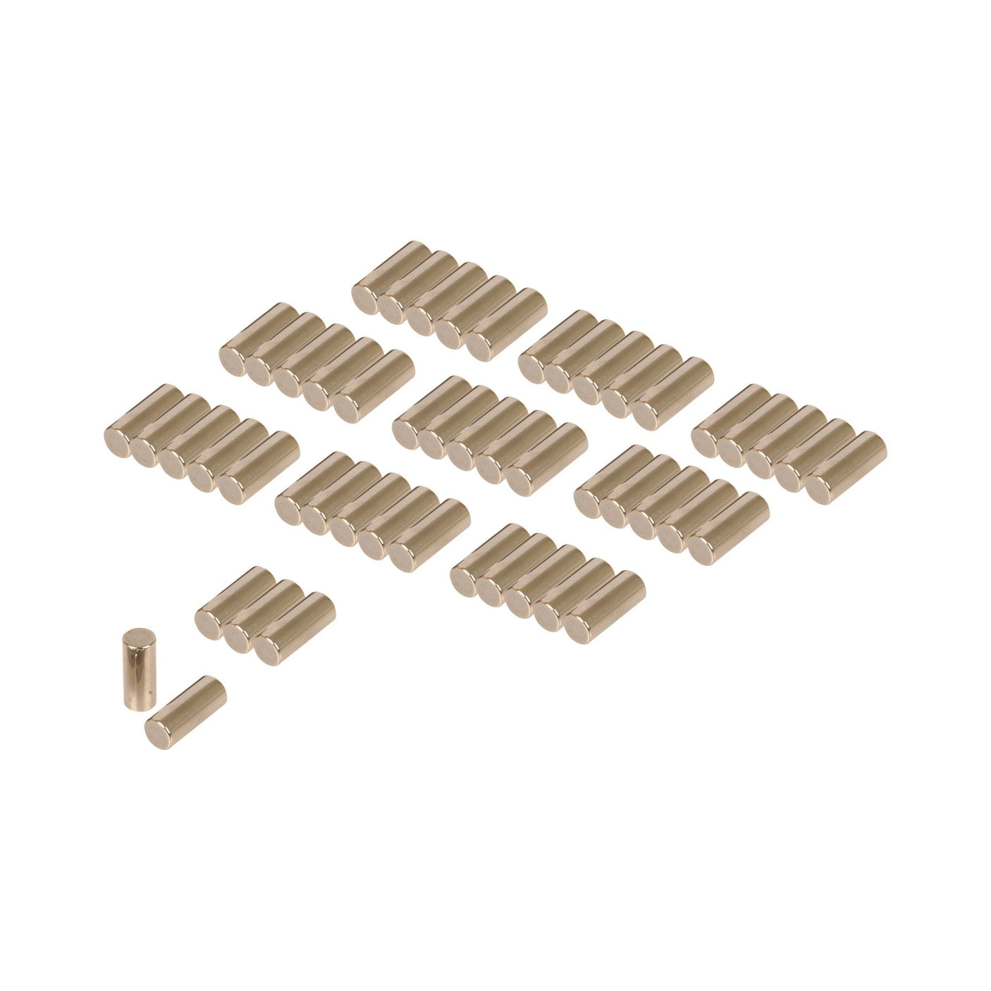 Several rows of identical small metallic cylindrical objects, arranged neatly with two extras placed separately on the left side—resembling precision Sparex Needle Bearing (50 pcs.) | Sparex Part No.S.107341 from the brand Sparex.