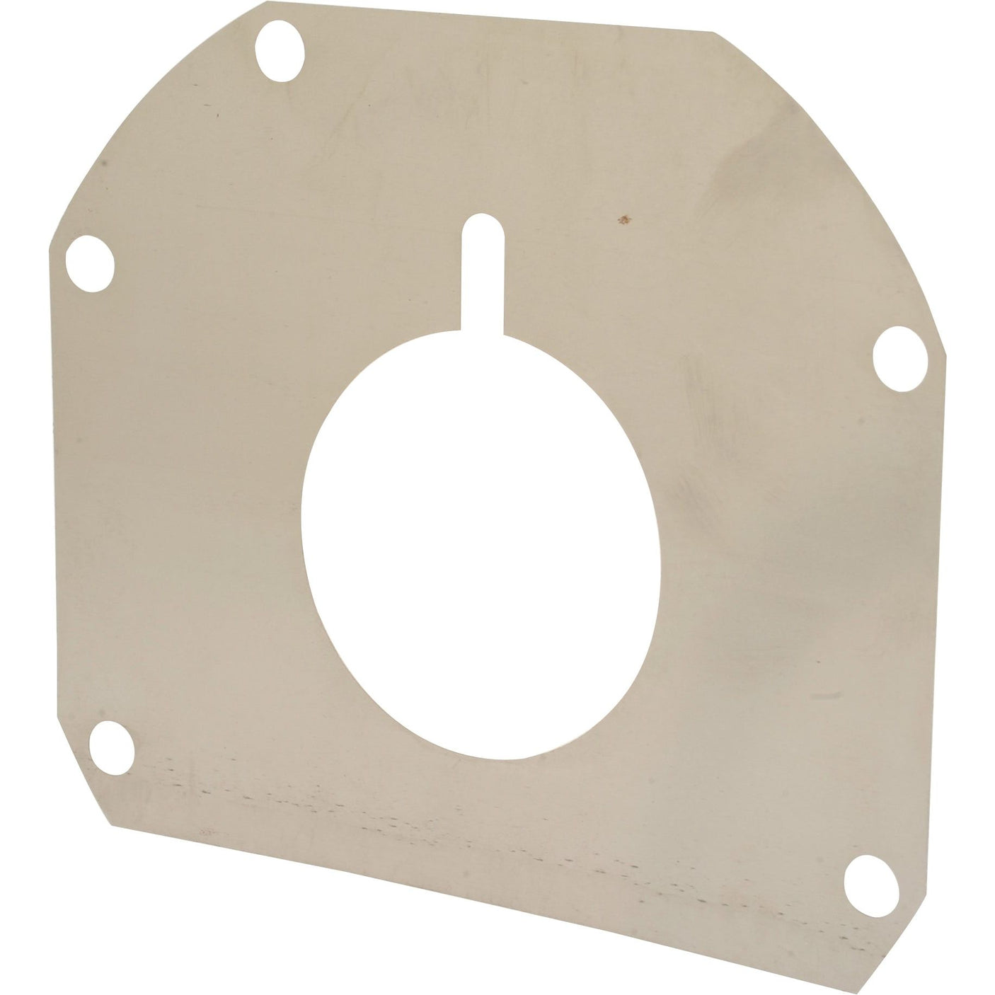 The Shim (8 Speed) from Sparex (Part No. S.107342) is a metal mounting plate designed for Massey Ferguson machinery, featuring a large central circular hole and four smaller round holes at the corners.