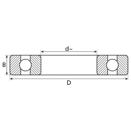 Technical diagram of the Sparex Deep Groove Ball Bearing (S.107344), showing dimensions labeled as B (height), D (outer diameter), and d (inner diameter). The cross-sectional view includes details of the deep groove bearings and raceways, making it perfect for applications like the Massey Ferguson or Landini 7830.