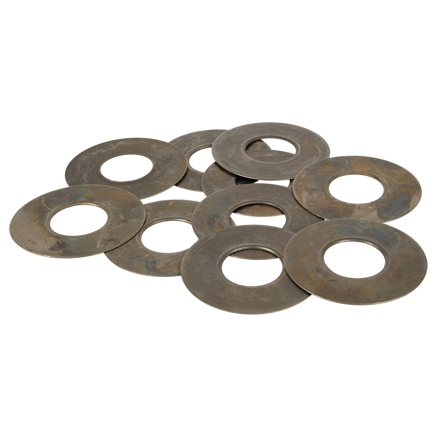 A collection of large, round metal washers with central holes, seemingly made of steel with a slightly tarnished surface. These are likely Hydraulic Pump Washers (Sparex Part No. S.107358), designed for use in Massey Ferguson machinery's hydraulic pump washer systems by Sparex.