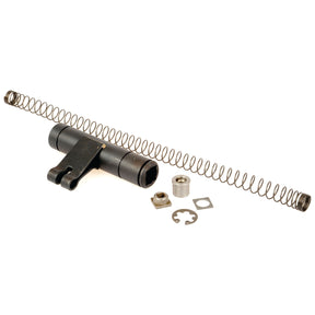 A collection of mechanical parts, including a coiled spring, a cylindrical tube with an attached bracket, and several small metal components, arranged on a white background, reminiscent of those found in the Oscillator - Hydraulic Pump (Sparex Part No. S.107364) by Sparex.