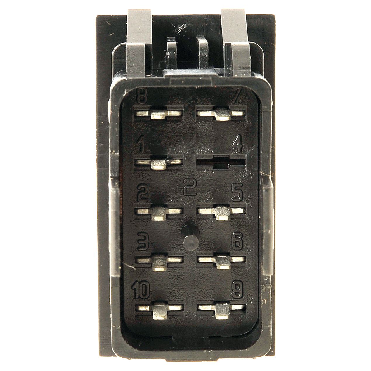 Close-up of a black, rectangular 10-pin plastic electrical connector with numbered pin positions, compatible with Massey Ferguson. This is the Switch - Indicator, Sparex Part No. S.107385 by Sparex.