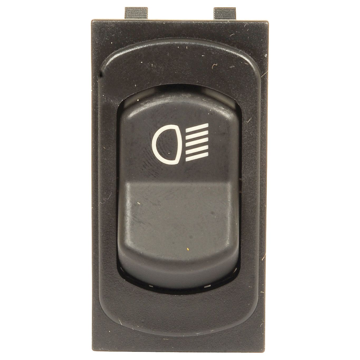 Close-up of a black rectangular car headlight switch marked with a headlight icon, compatible with Massey Ferguson models. This is the "Switch - High Beam" (Sparex Part No. S.107386) from Sparex.