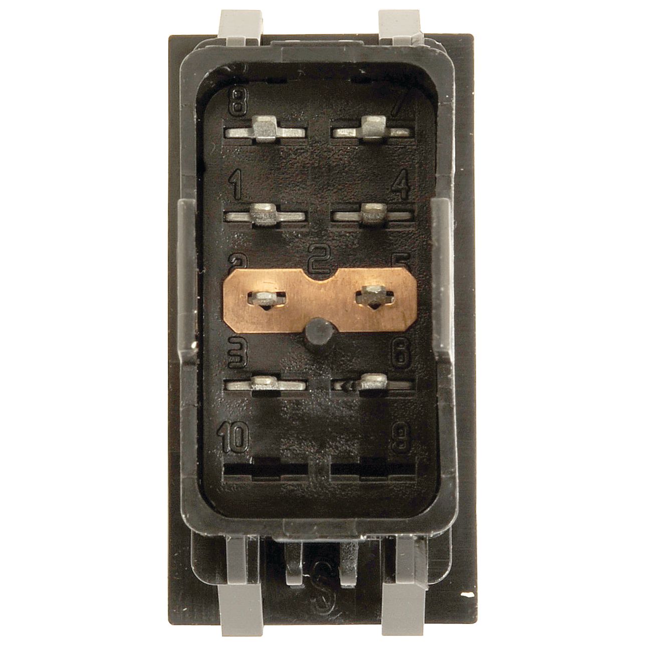 Close-up of a rectangular black electrical connector with multiple metal pins inside, arranged in a specific pattern. Compatible with Massey Ferguson models, this Switch - High Beam (Sparex Part No.S.107386) connects seamlessly for reliable performance. Ideal for high beam switch applications from the Sparex brand.