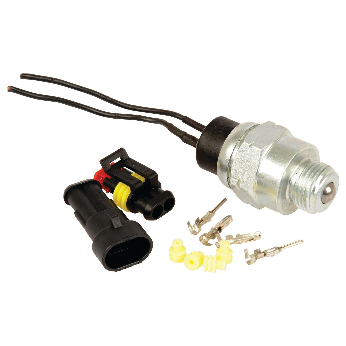 A Sparex Switch (Sparex Part No. S.107390) pressure sensor with two wires, a connector, multiple yellow rubber seals, and metal terminals, arranged on a white background. Ideal for compatibility with Massey Ferguson BRAZILIAN and Landini 7830 tractors.