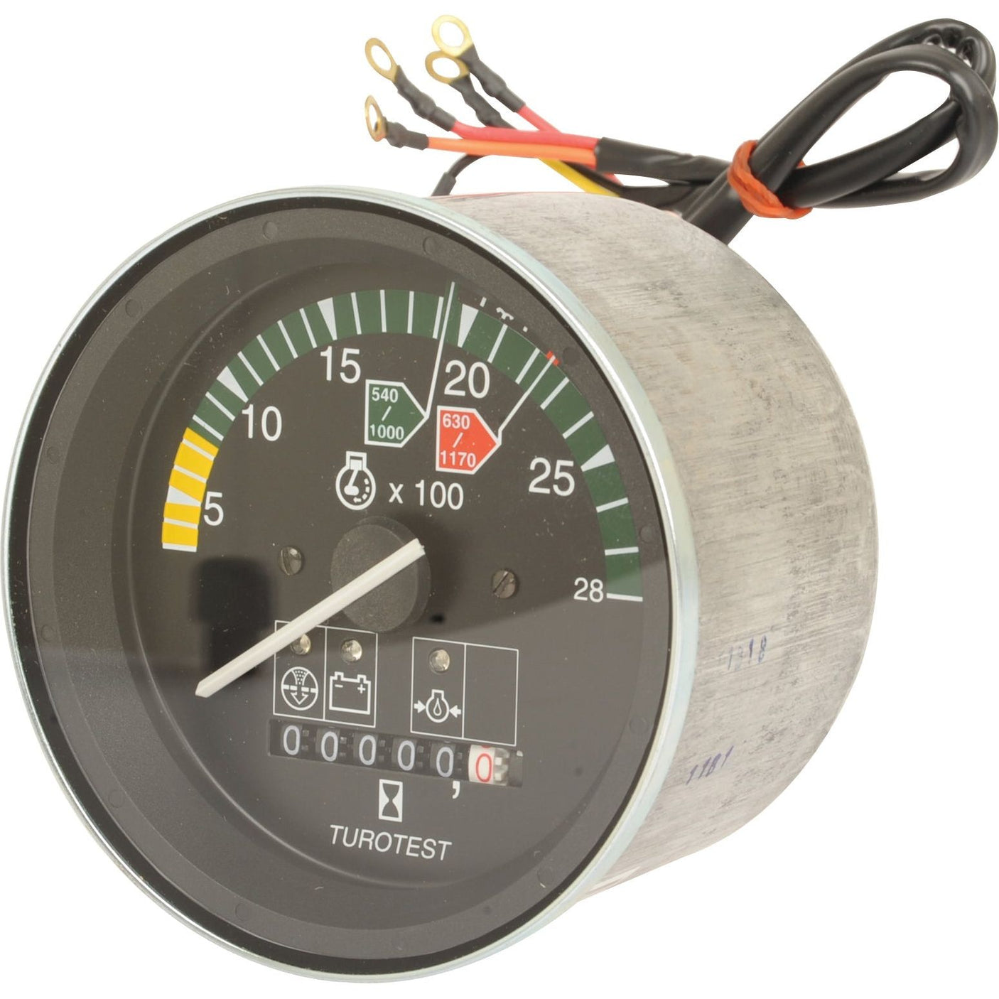 Tachometer (KPH) by Sparex, Part No. S.107393, is a round analog gauge featuring a colored scale and three wires for connectivity. It displays readings from 0 to 28 with specific markings at 540, 630, and 1170. The gauge includes the text "TUROTEST" and various function icons below the display. This tachometer is designed for compatibility with Massey Ferguson models and comes equipped with ring terminals for straightforward installation.
