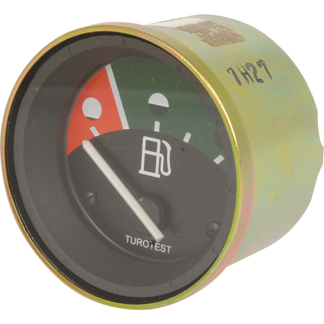 The Fuel Gauge (Sparex Part No. S.107394) from Sparex is a 58mm instrument featuring a needle currently indicating the empty (red) section. Designed for compatibility with Massey Ferguson tractors, this gauge includes a green section to denote full and prominently displays a gas pump icon in the center, ensuring both accuracy and durability as expected from Sparex quality products.
