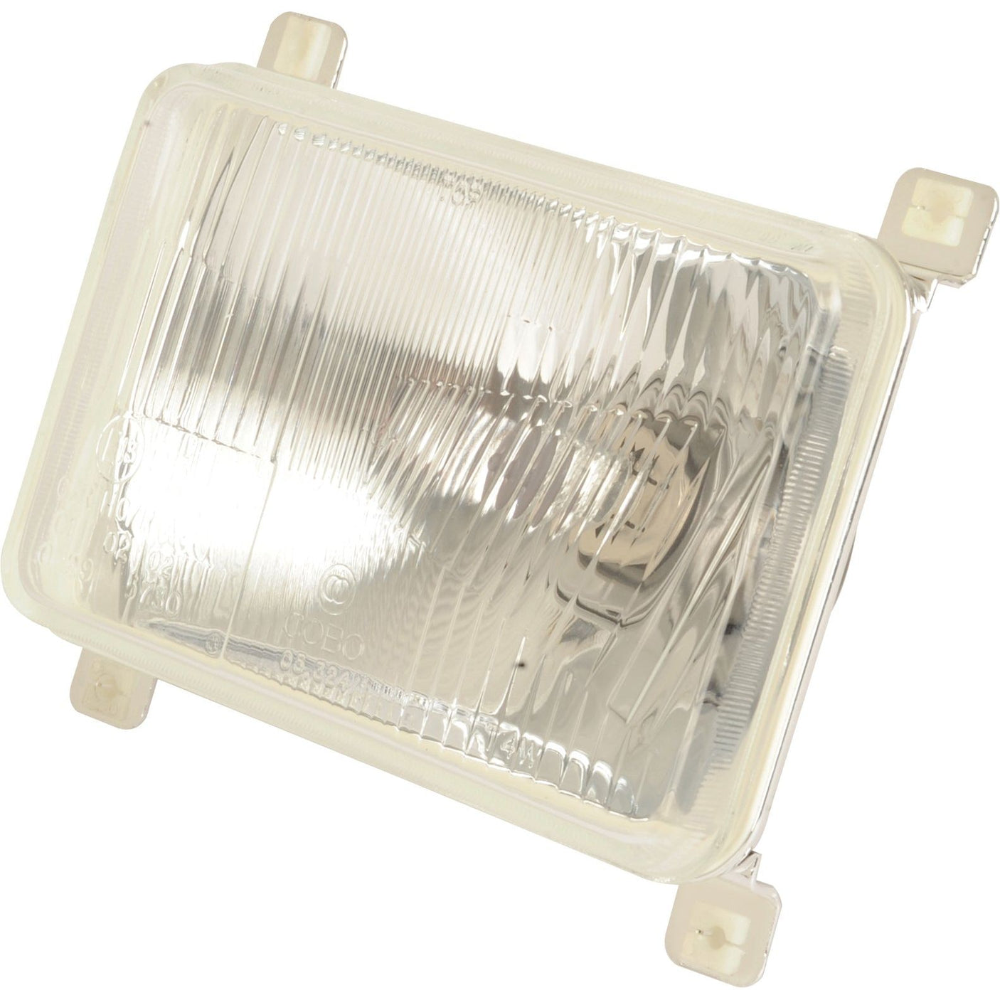 The Head Light, (Halogen), RH & LH, LH Dip, 12V – S.107396 from Sparex features a clear, ribbed lens and mounting brackets at each corner, perfectly accommodating a Sparex bulb.