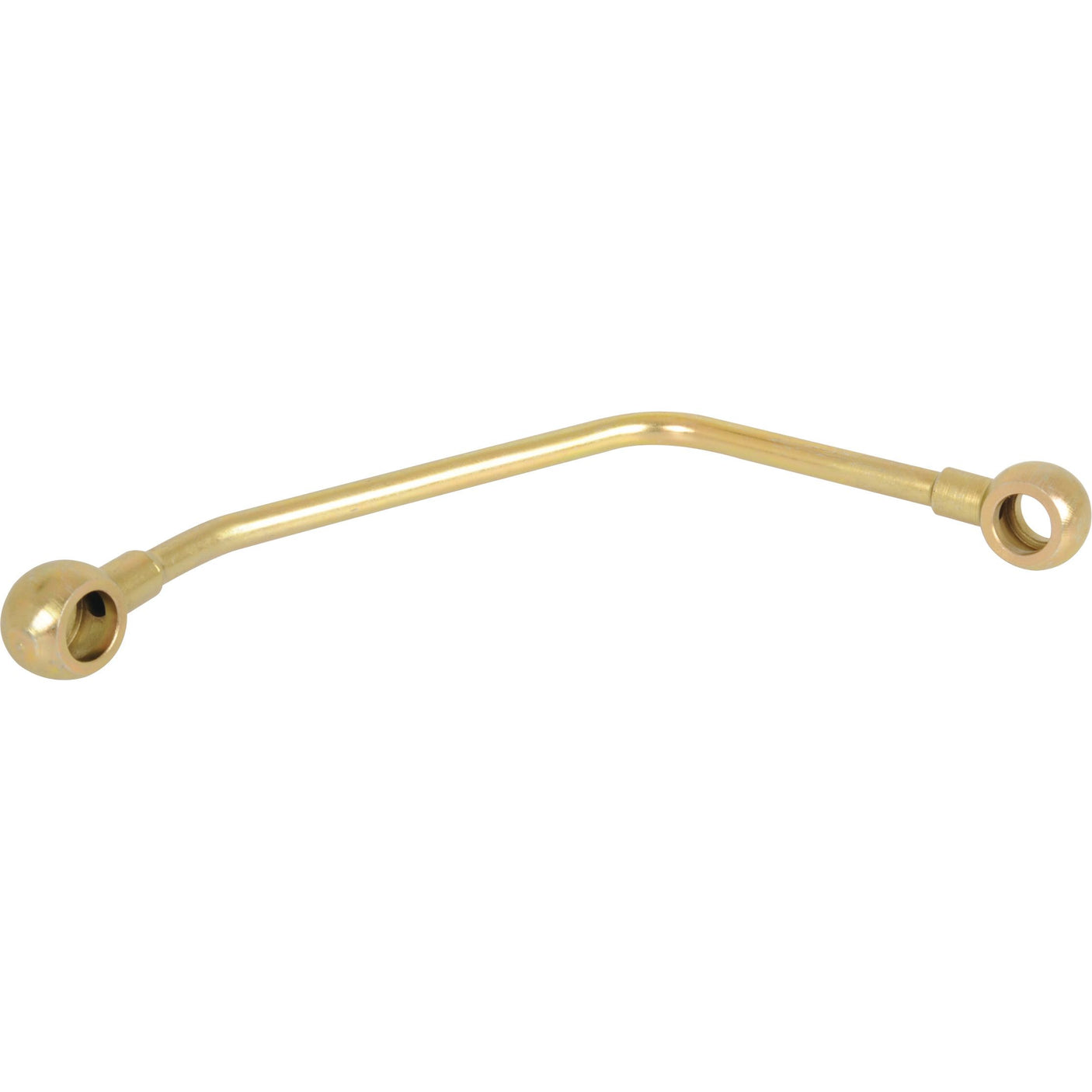 The Sparex Fuel Pipe, Part No. S.107405, is a brass fuel pipe with a curved shape and two circular fittings on each end, suitable for models like the Massey Ferguson 275.