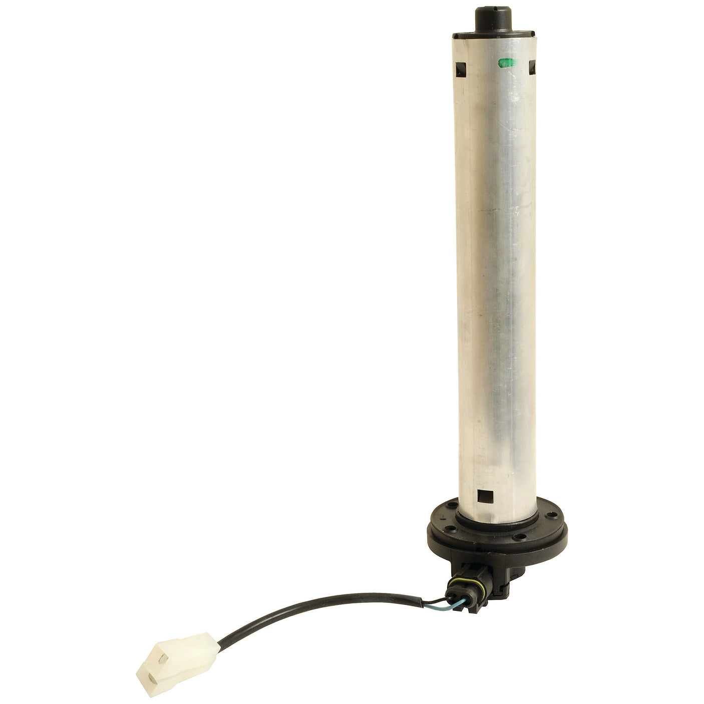 The Sparex Fuel Sender Unit (Sparex Part No. S.107415) is a cylindrical metallic device with a black base and attached wires, featuring a connector at the end, resembling the fuel sender unit often found in models like the Massey Ferguson.