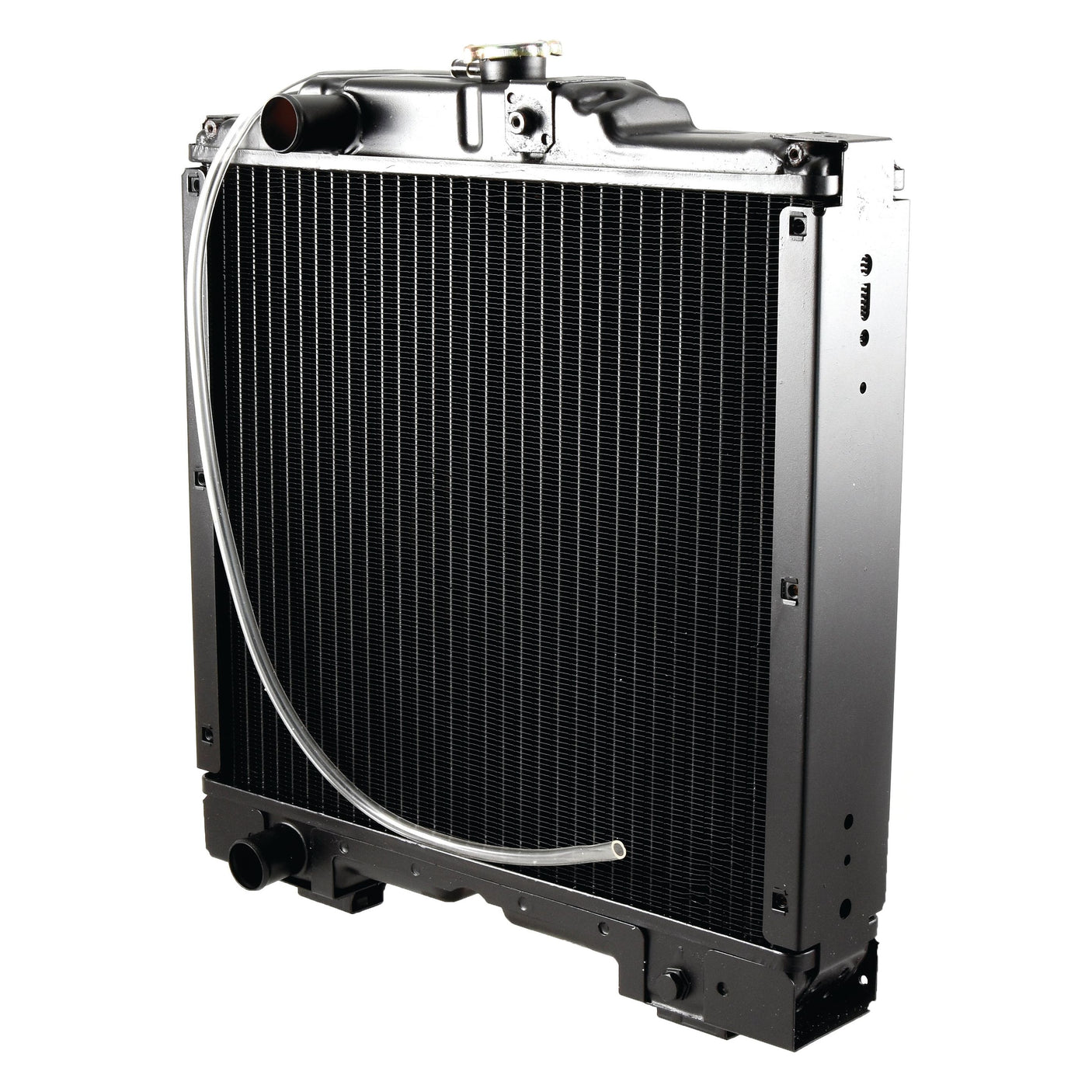 A black metal Radiator - S.107417, featuring a coiled transparent tube for engine cooling, is specifically designed to fit Ford New Holland TD95D models by the brand Sparex.