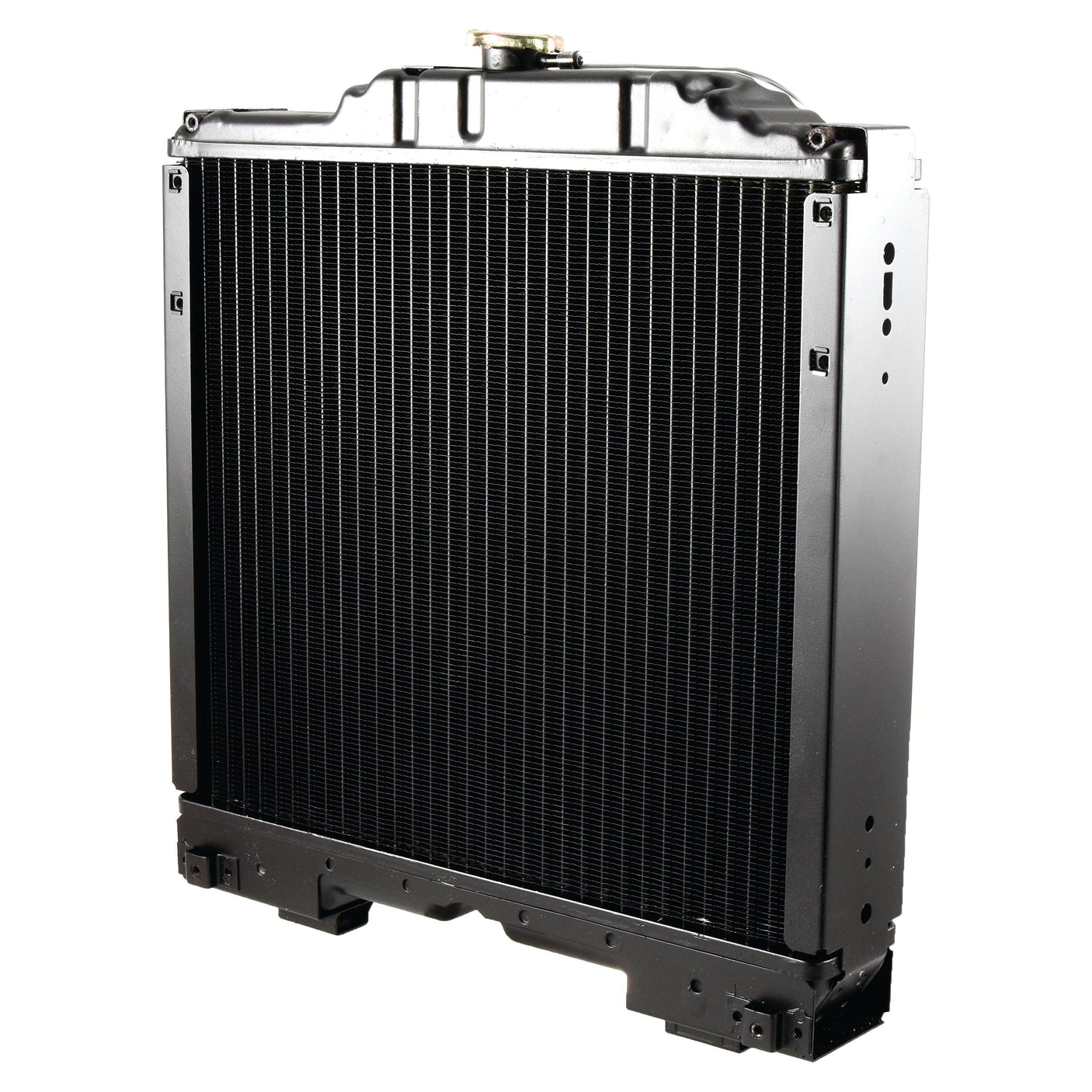 A large, rectangular, black metal Sparex Radiator - S.107417 with visible fins and a cap on top, designed for cooling systems in engines like the Ford New Holland TD95D.