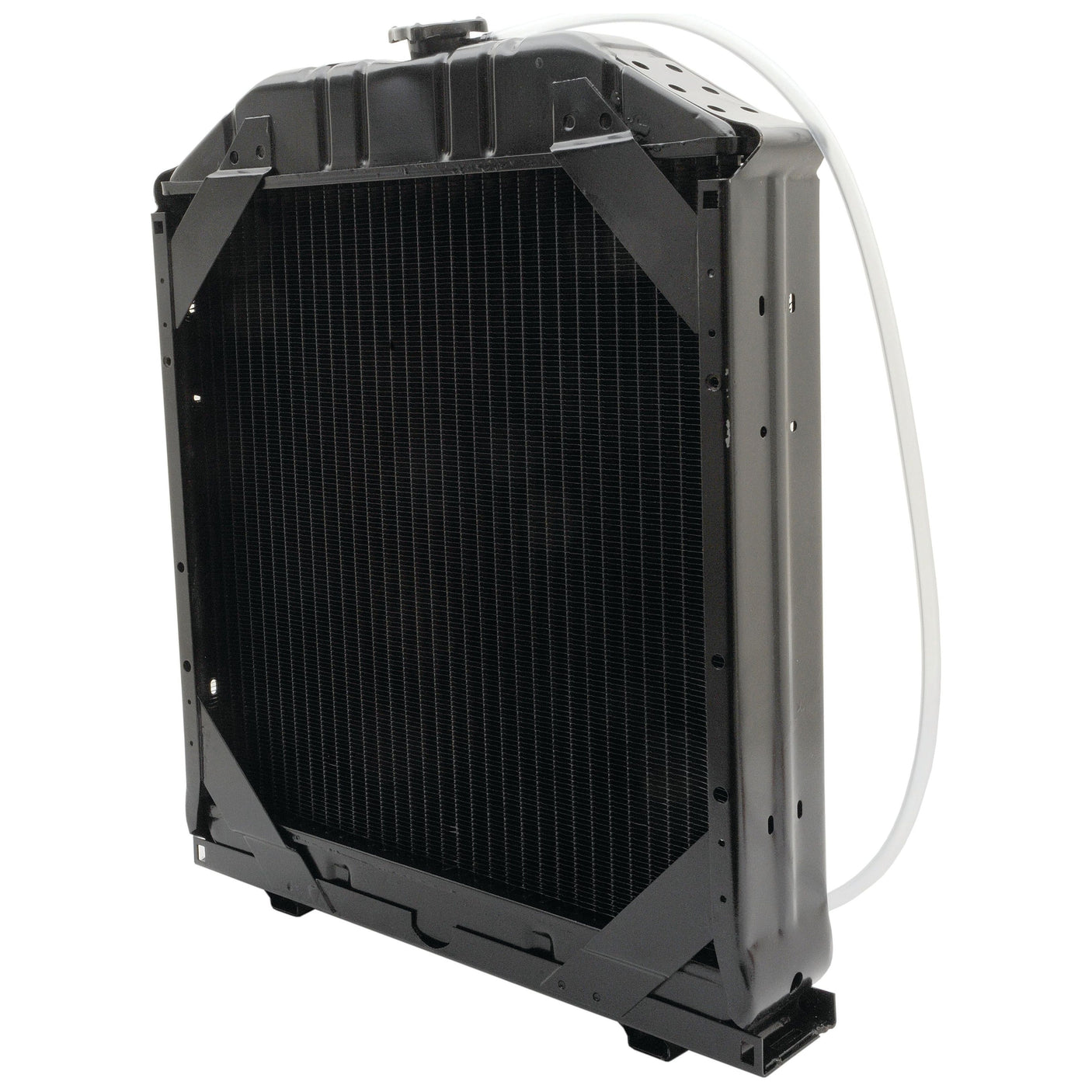 A Sparex Radiator - S.107418 featuring black and gray coloring with a coiled white hose attached to its top, suitable for Fiat vehicles.