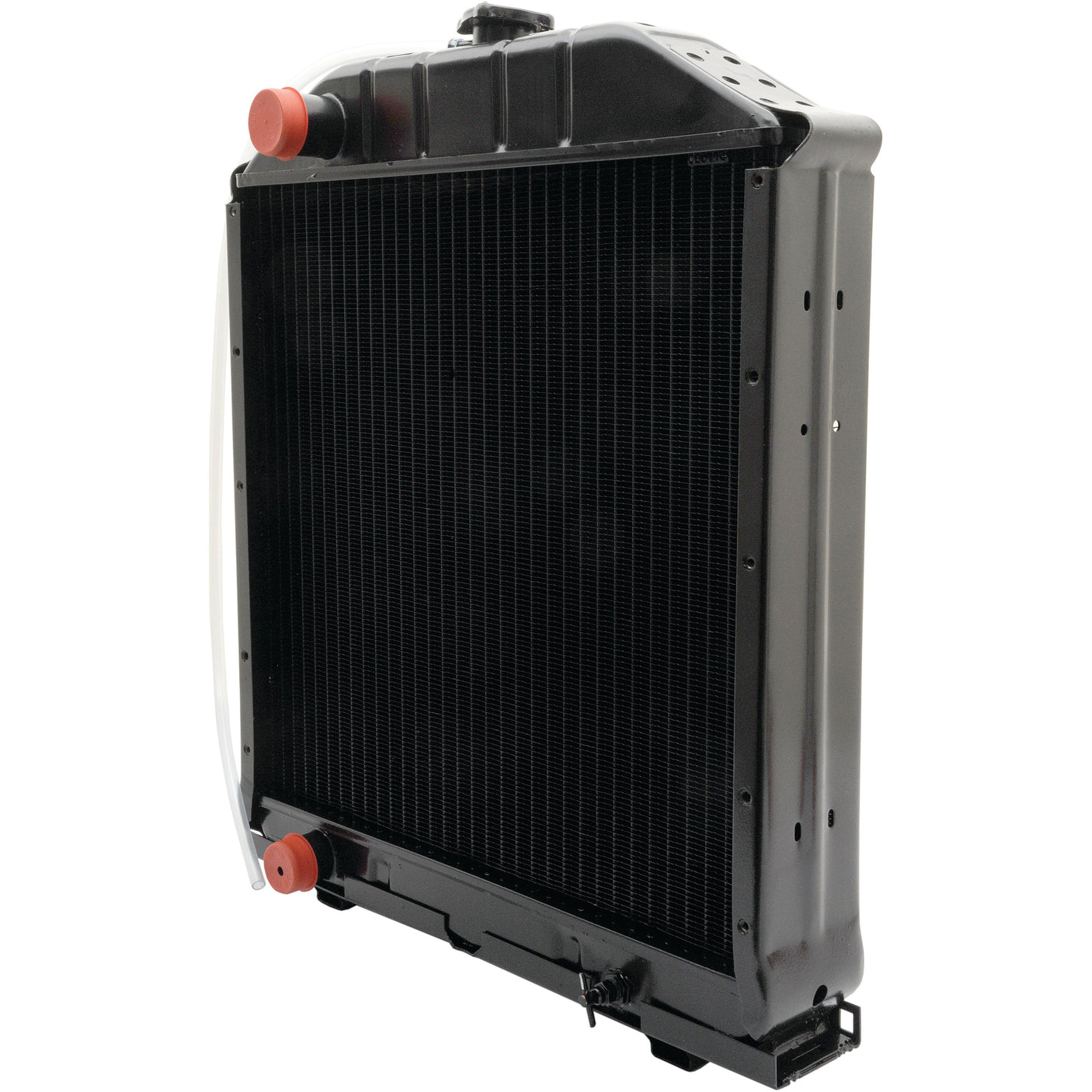 A black Radiator - S.107418 by Sparex, featuring red-capped inlet and outlet ports, is designed for Fiat vehicles with a durable metal frame and intricate cooling fins.