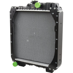 A black Radiator - S.107419 by Sparex, featuring visible fins and two green radiator caps, one at the top and one at the bottom.