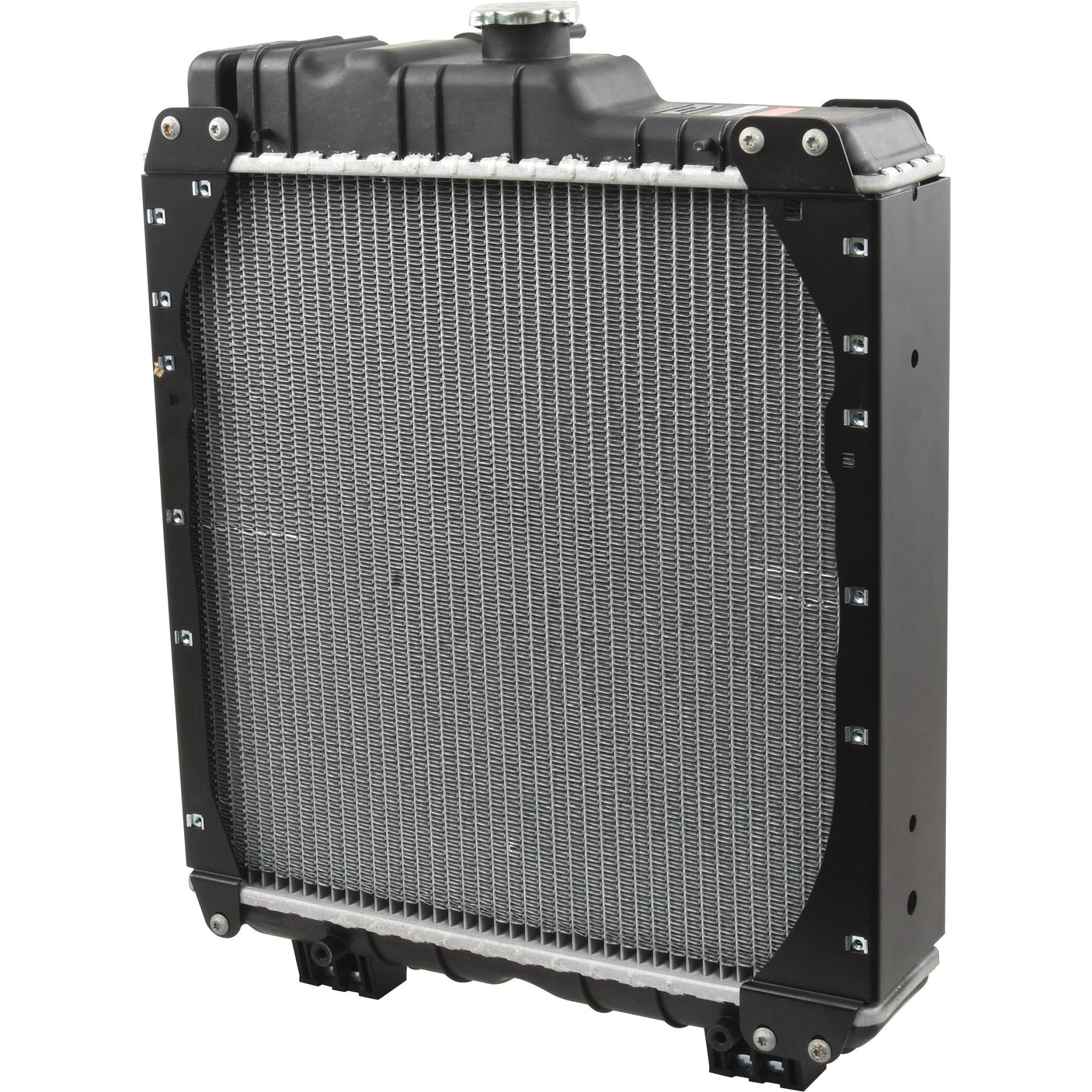 Image of a Sparex Radiator - S.107419 featuring a black and silver metal grille, side brackets, and an International Harvester radiator cap.