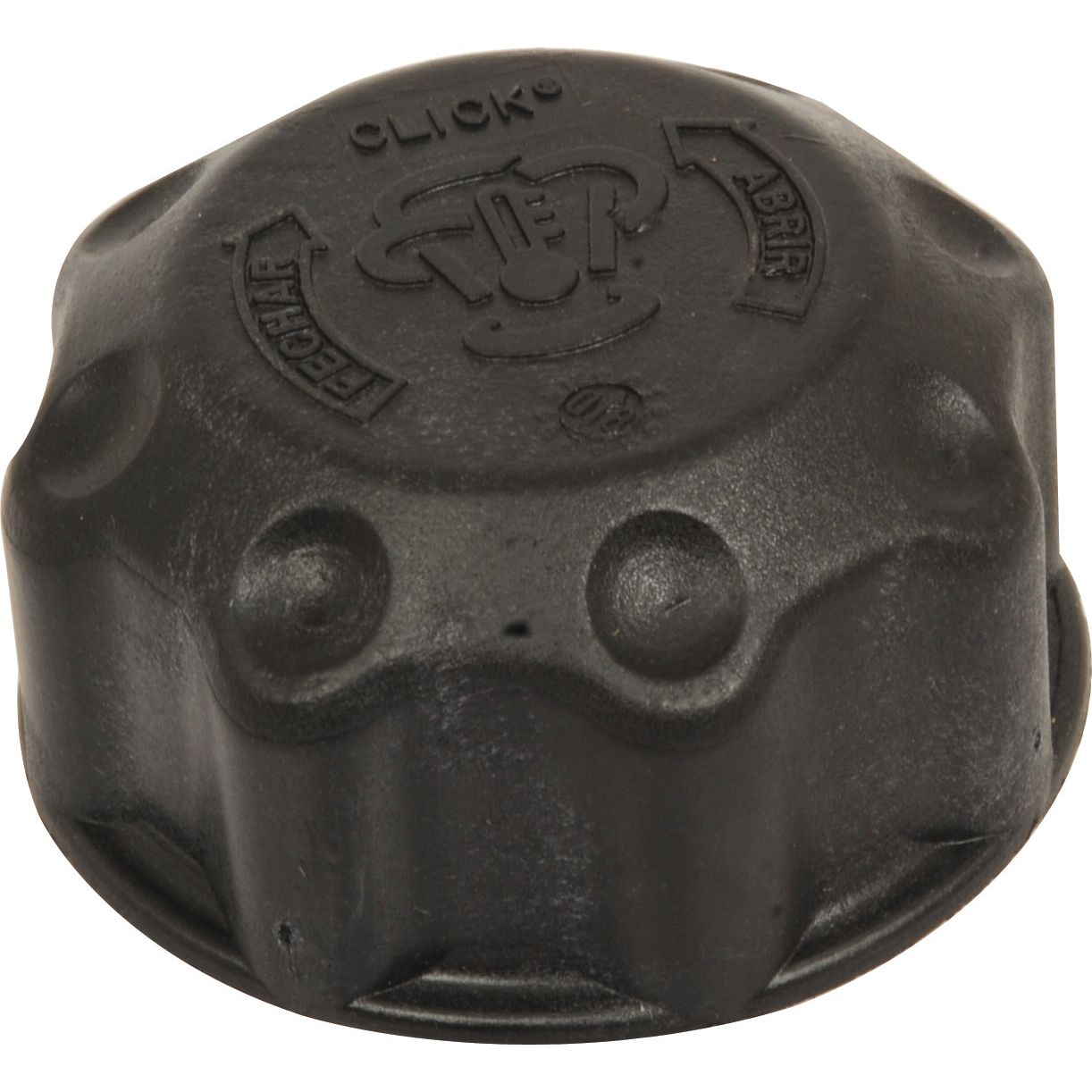 Radiator Cap - S.107422 by Sparex: Black screw-on plastic cap with a textured grip and raised instructions in both English and Spanish, compatible with Fiat 115-90 models.