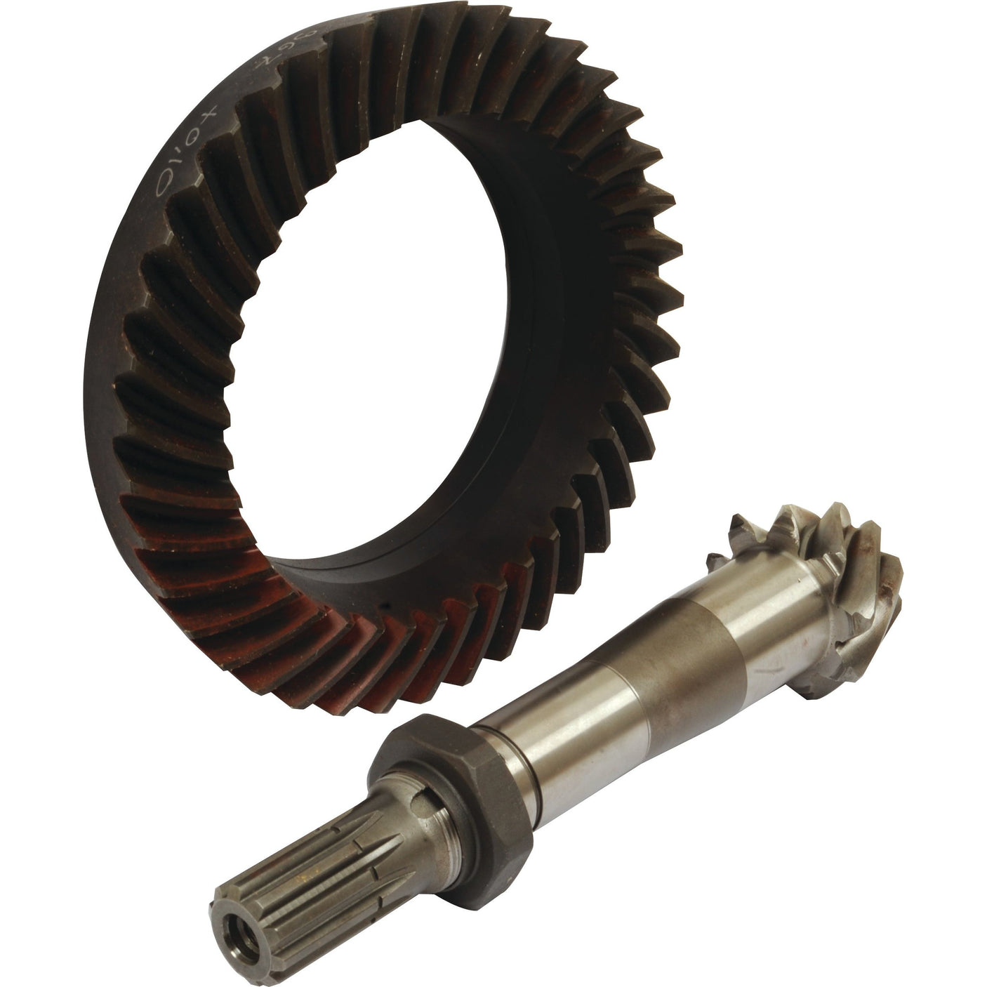 A Crown Wheel & Pinion, specifically the Sparex Part No. S.107429, placed next to each other on a white background, reminiscent of the robust components you'd find in a FARMALL 4WD front axle.