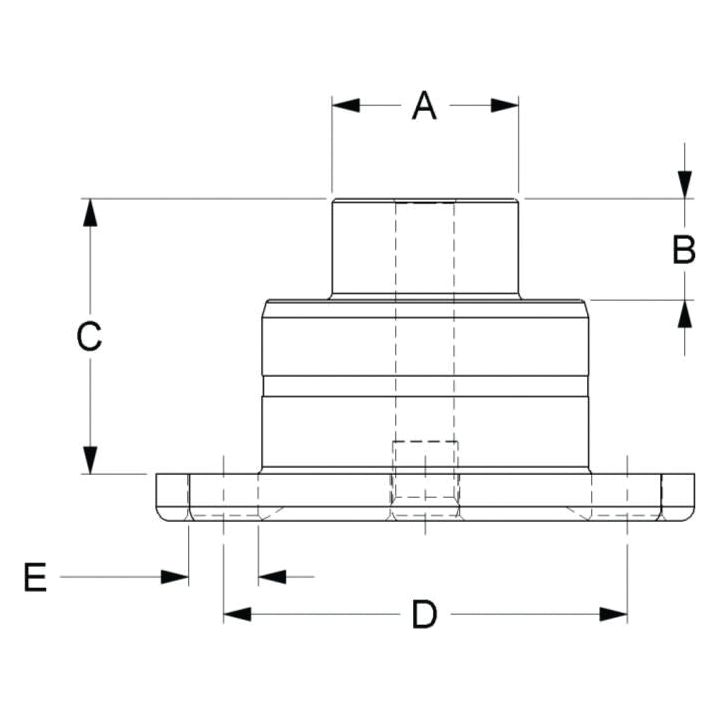 Technical drawing of the King Pin - S.107430, a cylindrical mechanical component by Sparex, with metric measurements labeled A, B, C, D, and E.