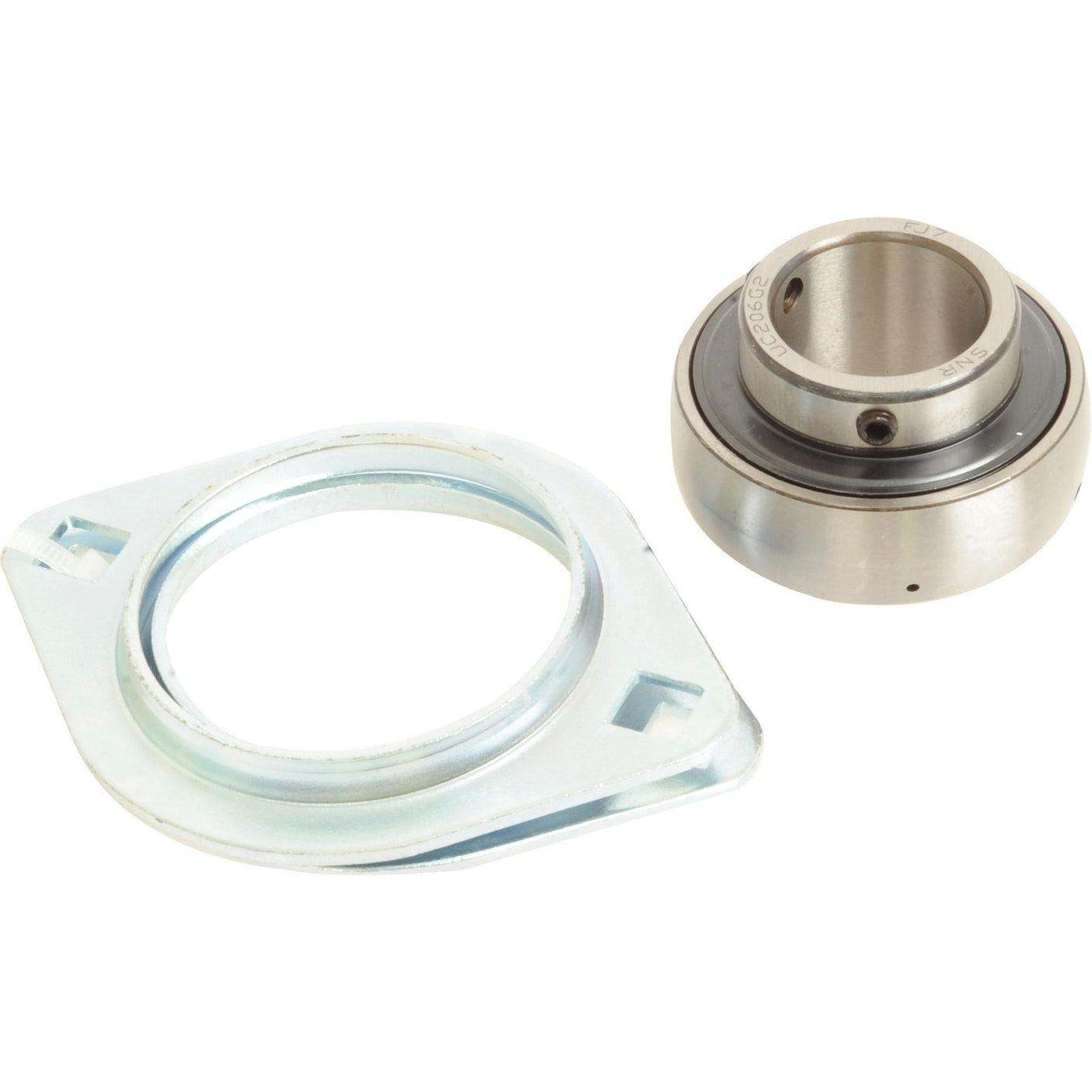 A metal bearing and a circular mounting plate with two small holes on opposite sides, both part of the Sparex Wheel Bearing Kit (Sparex Part No. S.107442) for Case IH and Ford New Holland, are positioned separately against a white background.