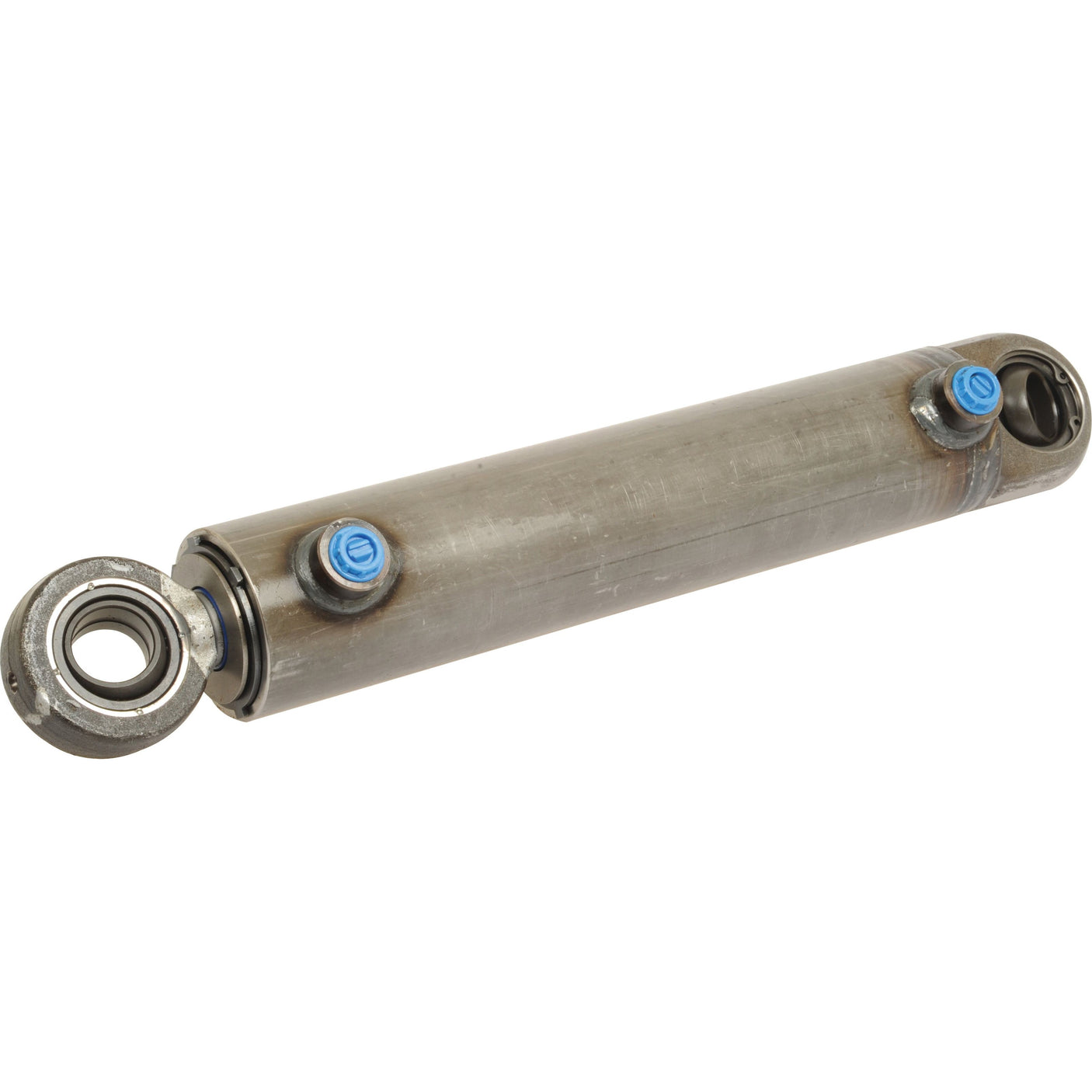 A metal Sparex Steering Cylinder (Sparex Part No. S.107443) with two blue-capped ports and a rod end bearing on one side.