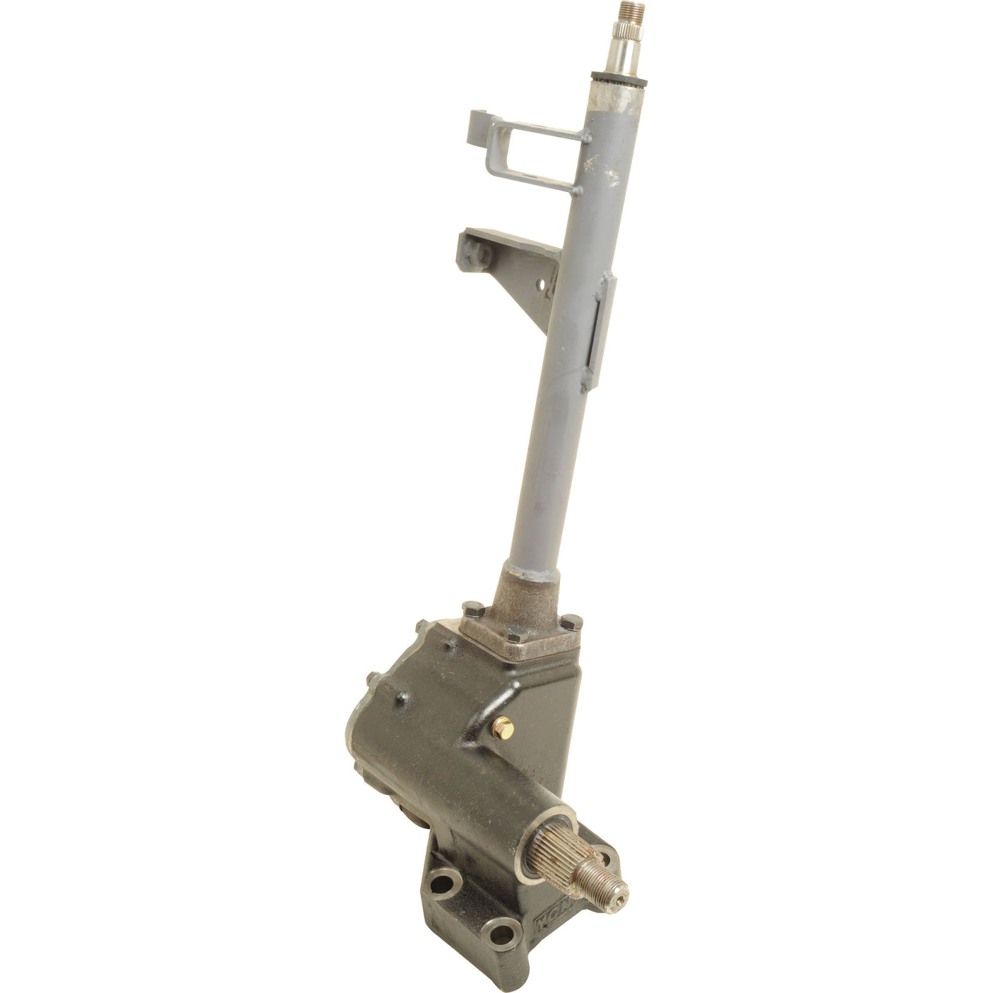 Introducing the Steering Box Assembly by Sparex (Part No. S.107446), a mechanical unit with a gray column and mounting bracket, designed with multiple connection points and an integrated gear mechanism, suitable for vehicle steering control in Case IH / International Harvester models.