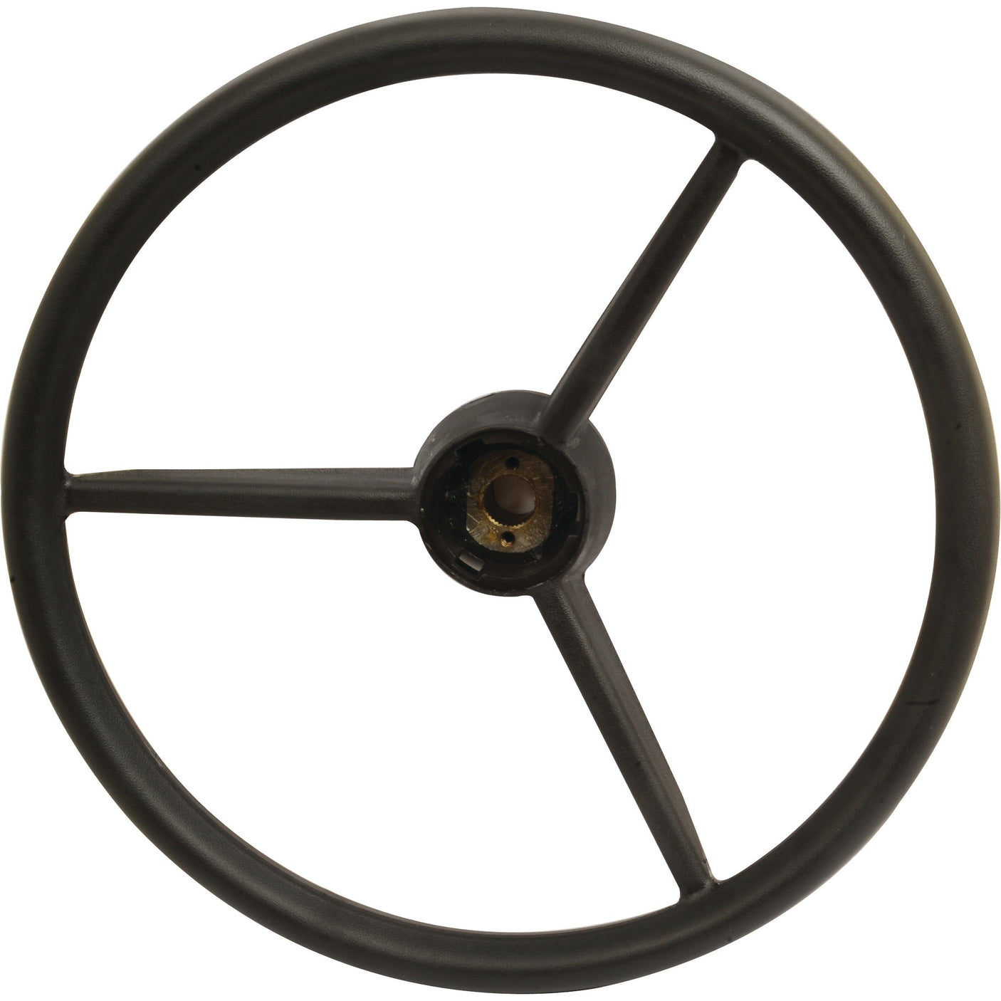 A front view of a black Sparex Steering Wheel (Sparex Part No. S.107448) featuring three spokes and a central hub