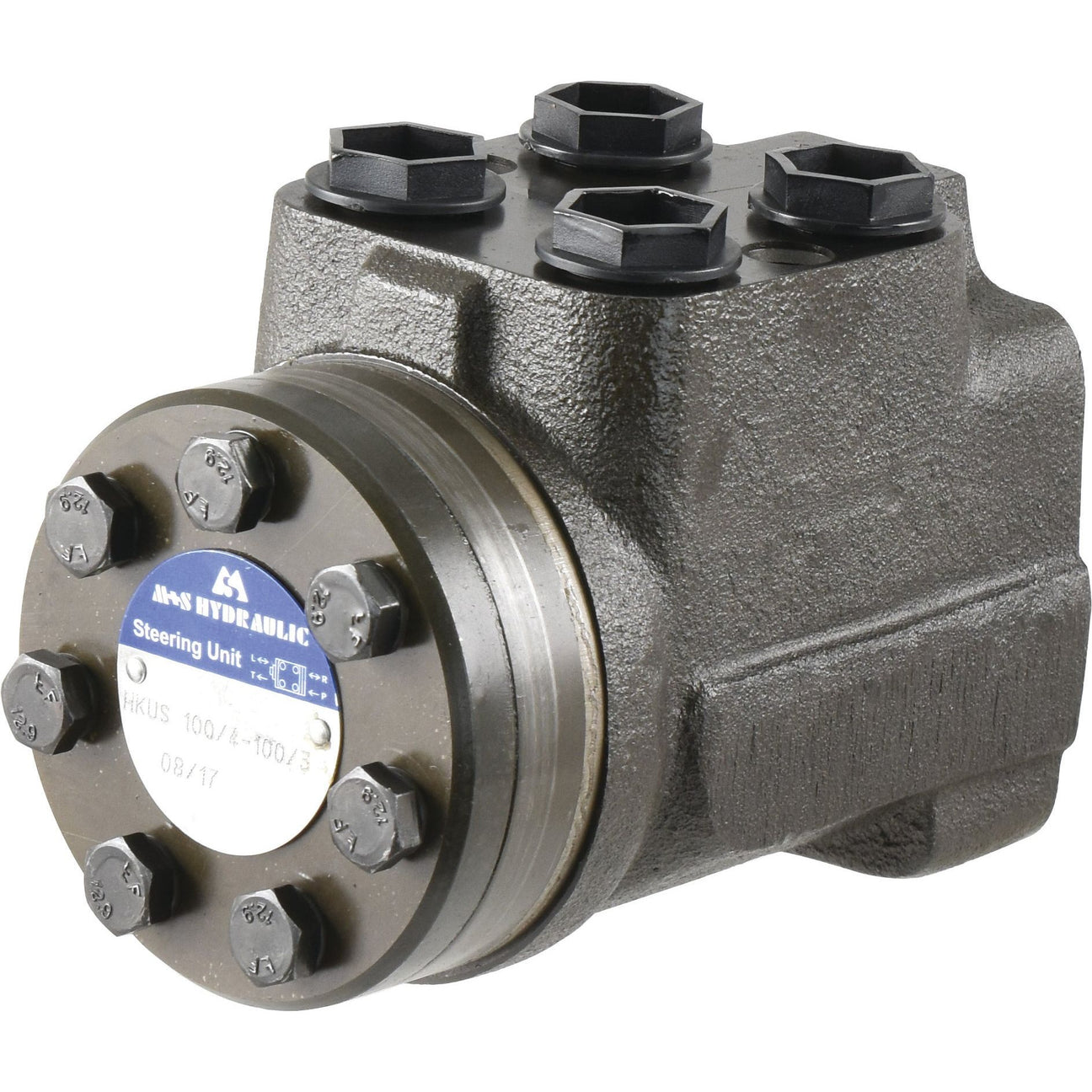 The Sparex Orbital Steering Unit (Part No. S.107450) is a mechanical steering unit featuring multiple connection points and a label reading "Hydraulic Steering Unit." It boasts a textured metal exterior and various bolts on the top and front, designed for durability, making it ideal for Case IH machinery.