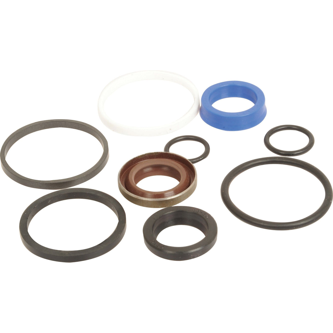 A collection of variously sized rubber and plastic O-rings and seals, resembling a typical Seal Kit (Steering Cylinder Repair Kit) | Sparex Part No.S.107454 for Case IH and Fiat, arranged against a plain white background.