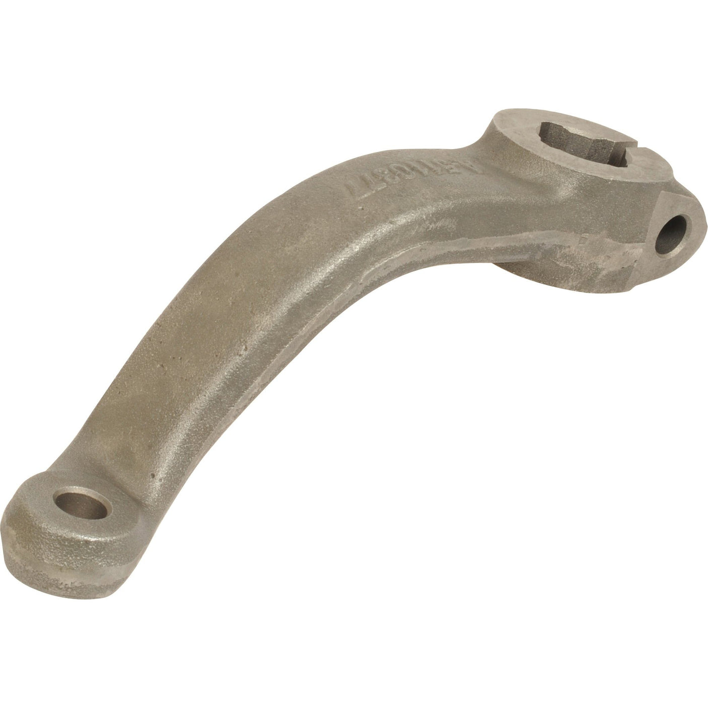 The Steering Arm (2WD) LH | Sparex Part No.S.107456 by Sparex is a metallic lever arm with a curved shape, featuring a circular opening and two smaller holes at either end, commonly used as a steering arm in Ford / New Holland and Case IH machinery.