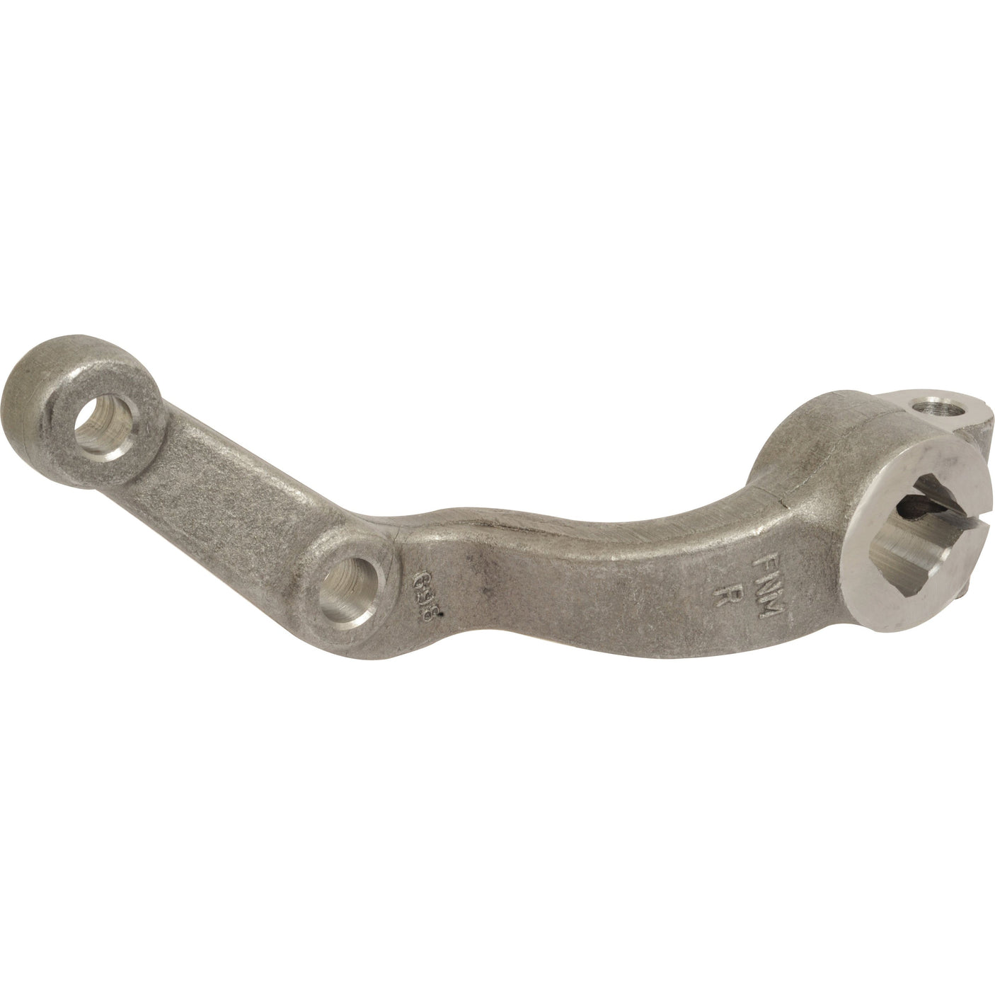 The Sparex Steering Arm (2WD) RH, Part No. S.107457, is a metal lever with two circular end holes and a textured matte finish, ideal for use in Case IH machinery.