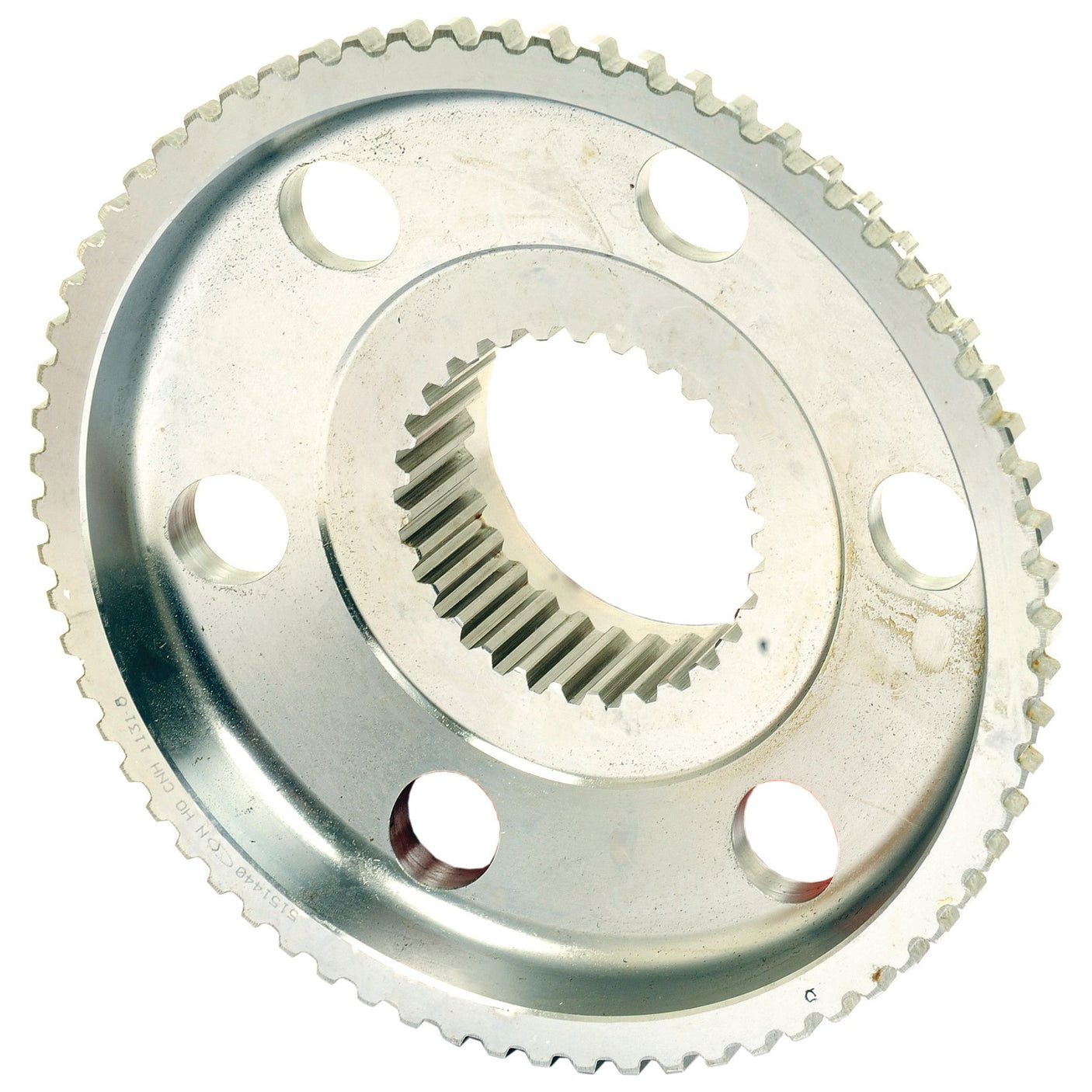 A close-up image of a metallic gear with a toothed edge, central hole, and several evenly spaced circular holes around the inner ring showcases the precision engineering found in the Sparex Transmission Gear (Part No. S.107468).