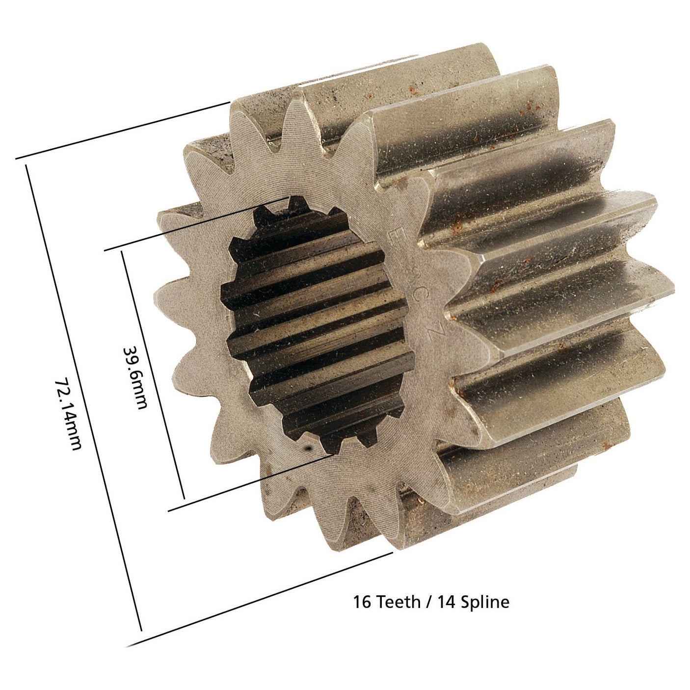 Close-up of a metallic gear with 16 teeth and 14 splines, branded by Sparex as the Planetary Gear - S.107474, featuring measurement lines marking its dimensions: 72.14mm in height and 39.6mm in inner diameter.