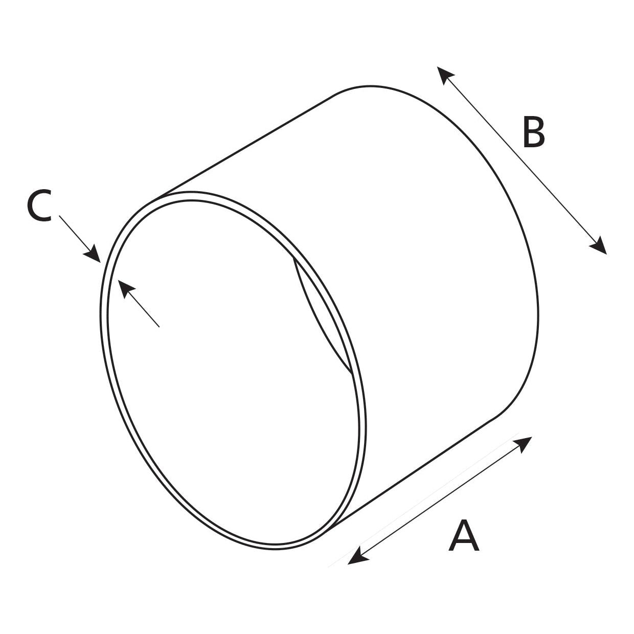 A technical drawing of a cylindrical shape with three labeled arrows indicating dimensions A, B, and C, showcasing the precision typical of Sparex products like Bush | Sparex Part No.S.107484.
