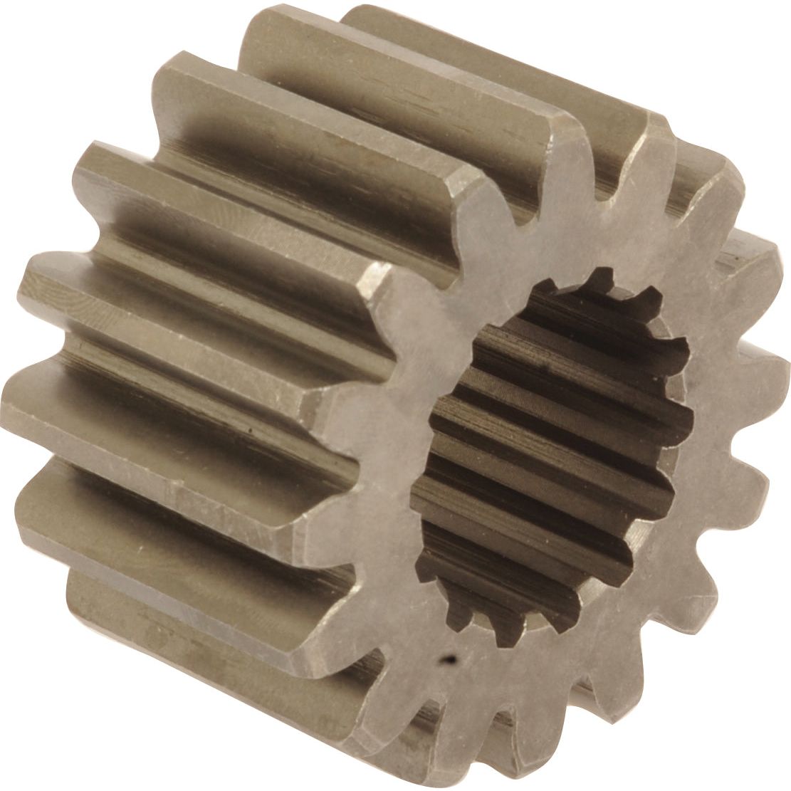 A metallic gear with straight teeth, viewed from an angle, showing the central hole and the outer teeth, reminiscent of parts found in a Ford New Holland 4WD Drive Shaft. This is the Idler Gear, Sparex Part No. S.107489 by Sparex.