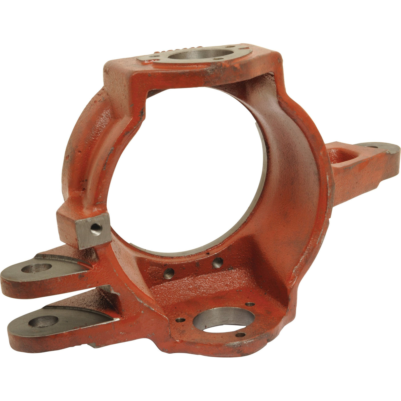 A red Steering Knuckle Right (4WD) from Sparex, part number S.107492, features a circular central opening, flanges, and mounting points. It is often used in Case IH / International Harvester 4WD steering knuckles.