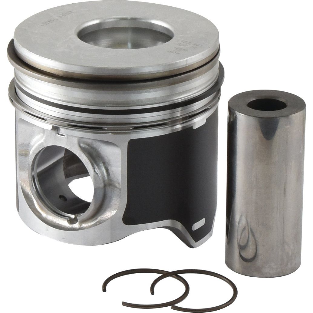 A detailed image of a Sparex Piston & Ring Set (Sparex Part No. S.107526) featuring the Case IH piston, piston pin, and two piston rings on a white background.