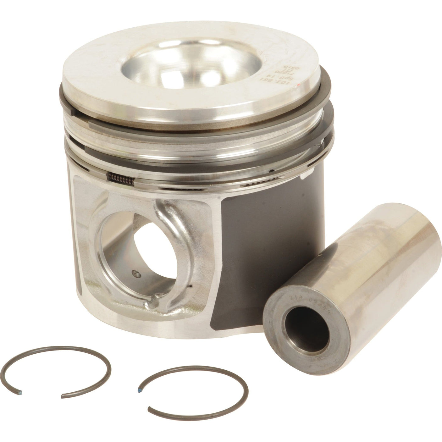 A Sparex Piston And Ring Set - S.107527 in a silver metallic finish, featuring piston rings, a cylindrical pin, and two snap rings on a white background, compatible with Fiat turbo engines.