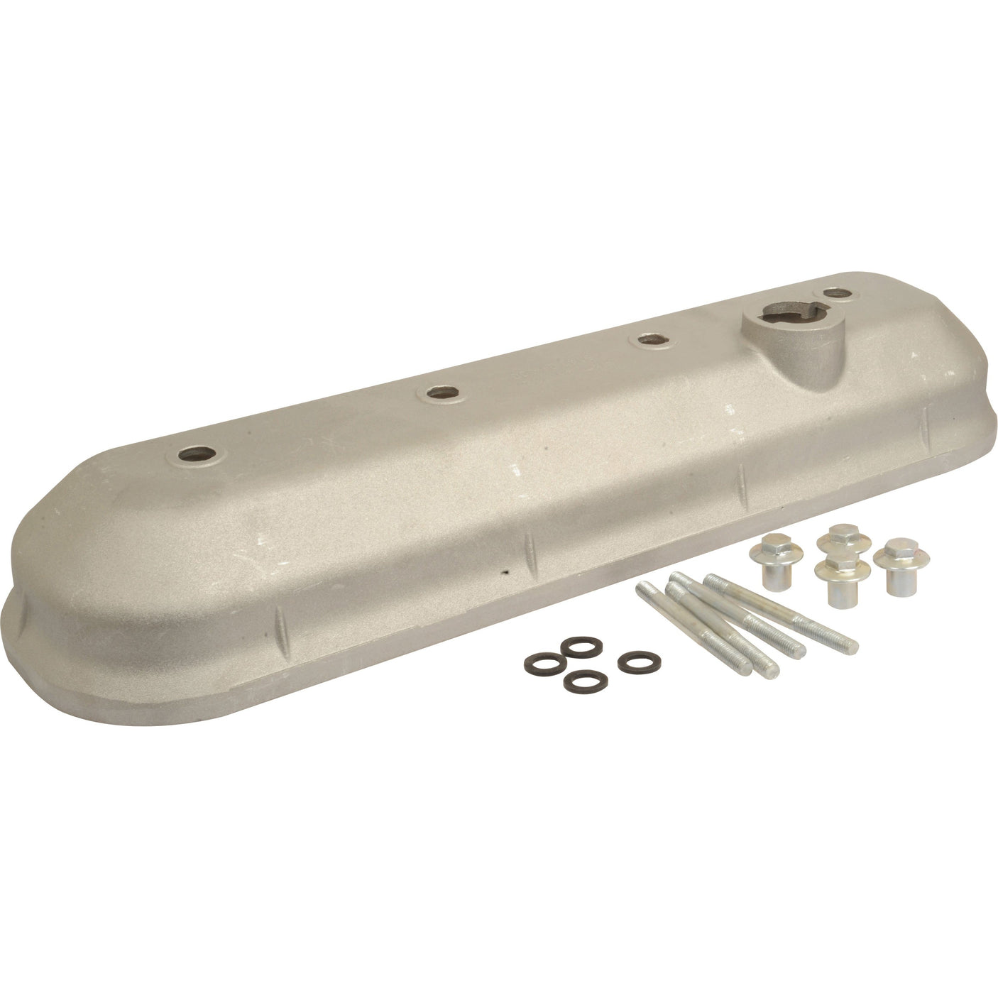 A Sparex Rocker Cover 4 Cyl. (Part No.S.107530) in silver, along with its four bolts, four washers, and four spacers, is laid out on a white background.