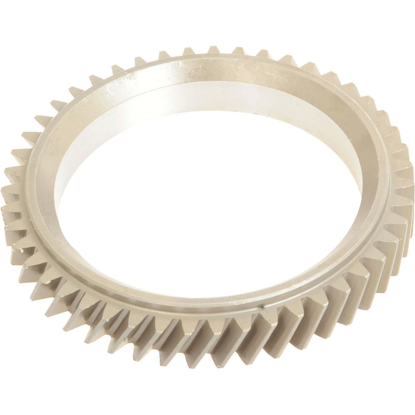 Close-up of the S.107534 Crankshaft Gear by Sparex, a beige plastic gear featuring evenly spaced teeth and a hollow center, suitable for mechanical or industrial purposes. This component is compatible with Ford New Holland machinery.