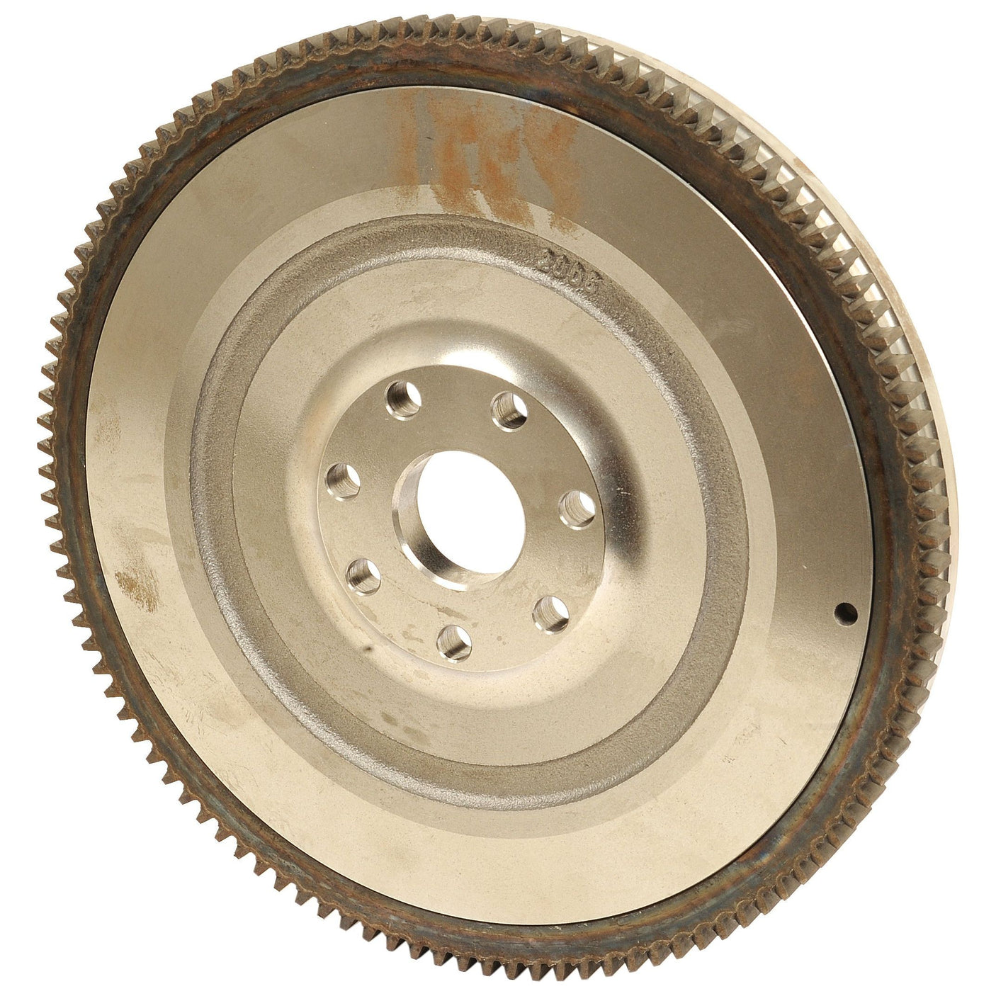 A round metal flywheel with a toothed outer edge, featuring 111 teeth and multiple bolt holes at its Ø11.5 inches center. The Sparex Flywheel Assembly (Part No. S.107537) has a slightly worn appearance.