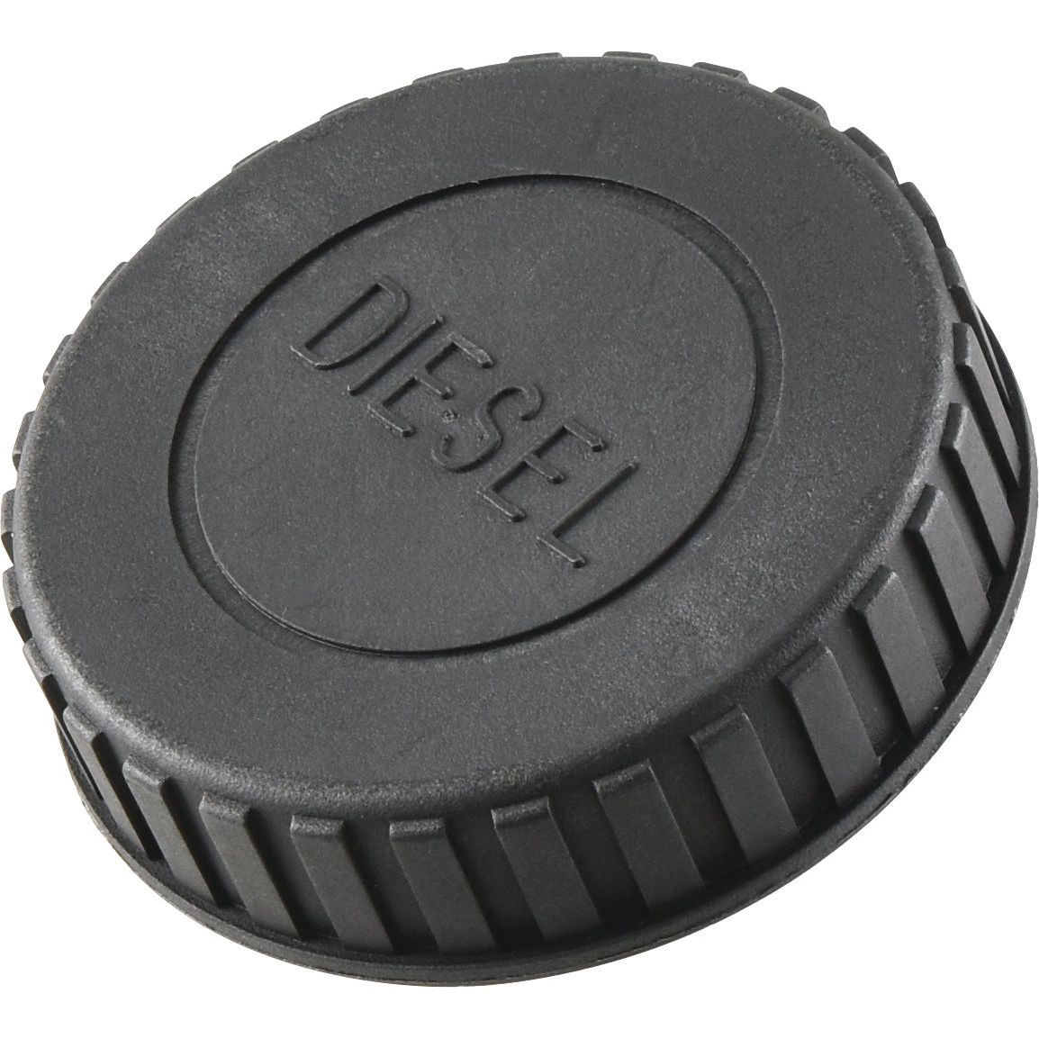 The Sparex Fuel Cap - S.107544 is a black plastic diesel fuel cap with "DIESEL" embossed on top, featuring ridged edges for improved grip and a vented design to ensure pressure balance.