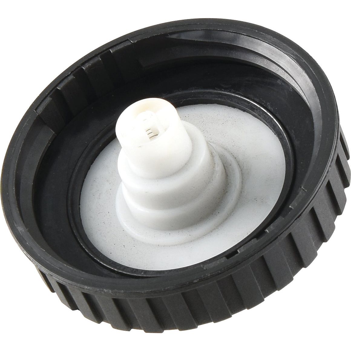 The Fuel Cap - S.107544 by Sparex is a black plastic screw-on cap featuring a white threaded insert, designed to ensure an airtight seal for containers or bottles, making it ideal for various applications.