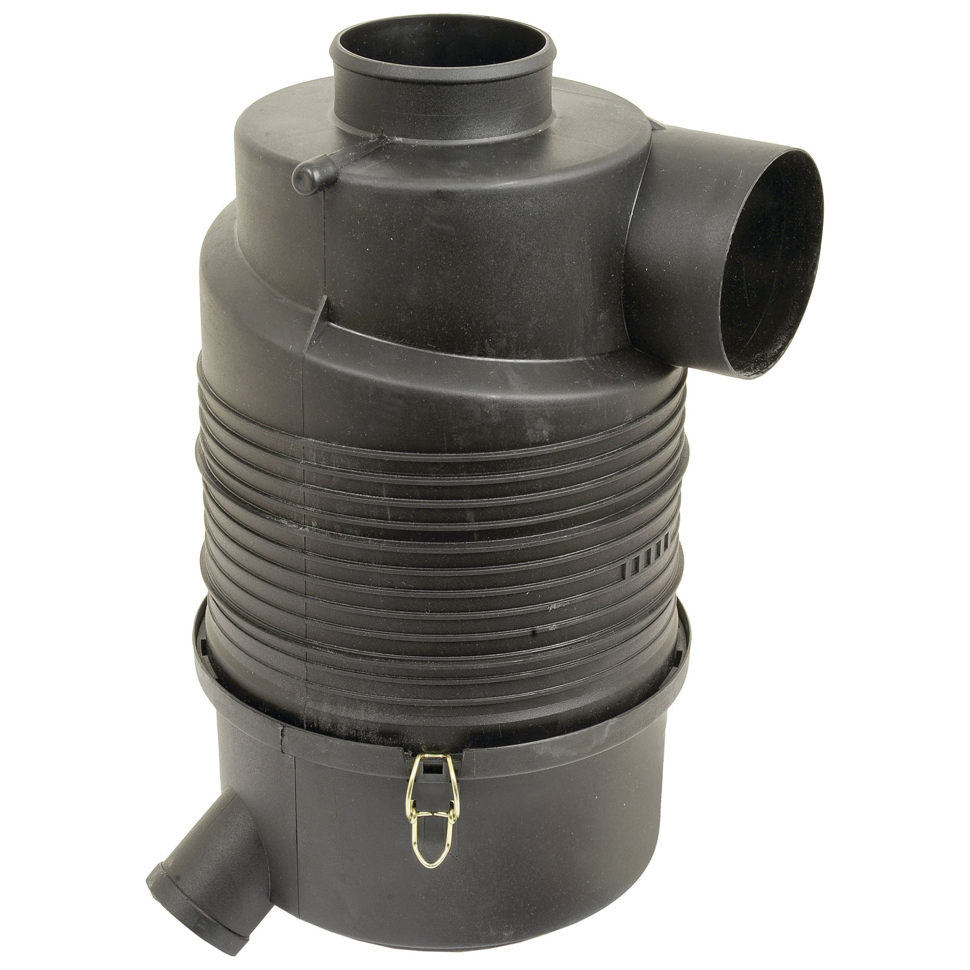 A black plastic air filter housing with attached clips and connection ports, suitable for Ford New Holland models, is available as the Dry Filter Assembly by Sparex (Sparex Part No. S.107550).