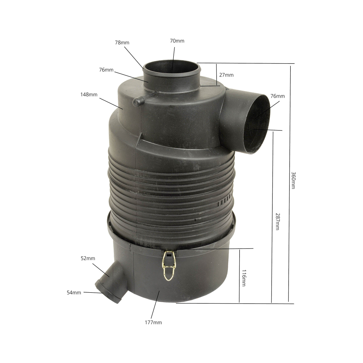 Image of a Dry Filter Assembly, Sparex Part No. S.107550, a black mechanical component with several cylindrical sections and measurements labeled at various points, commonly used in Ford New Holland machinery.